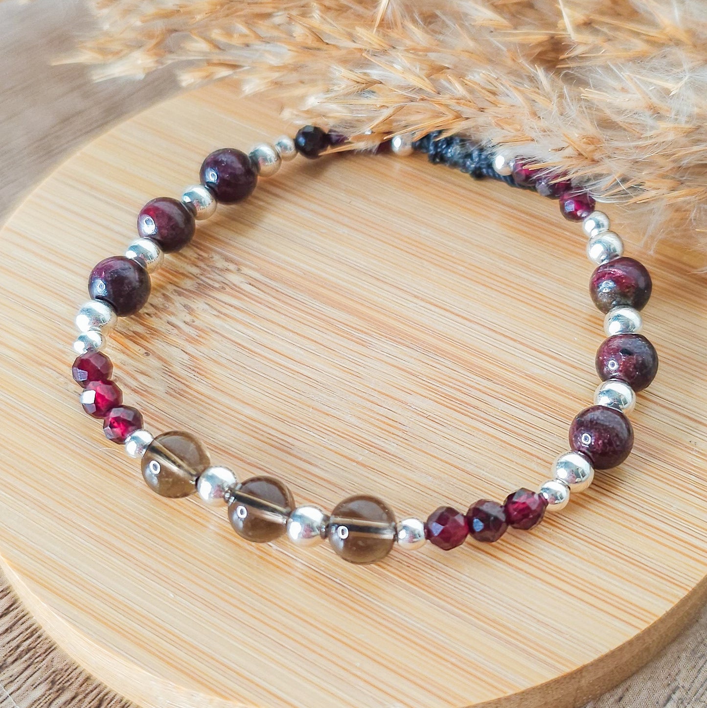 Handmade Bracelet with Garnet, Smoky Quartz and 925 Silver Beads