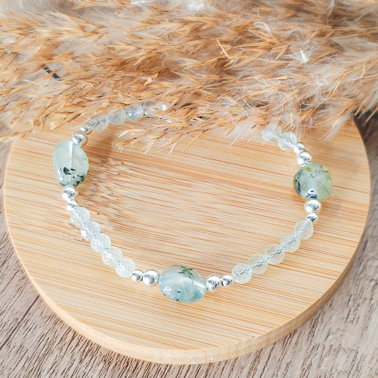 Handmade Bracelet with Prehnite, Epidote and 925 Silver Beads