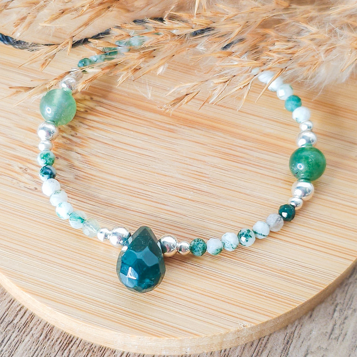 Handmade Bracelet with Moss Agate and 925 Silver Beads