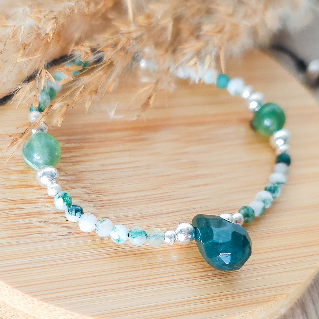 Handmade Bracelet with Moss Agate and 925 Silver Beads