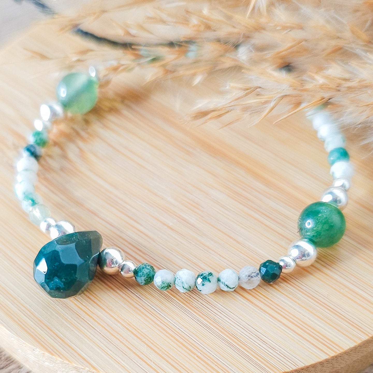 Handmade Bracelet with Moss Agate and 925 Silver Beads