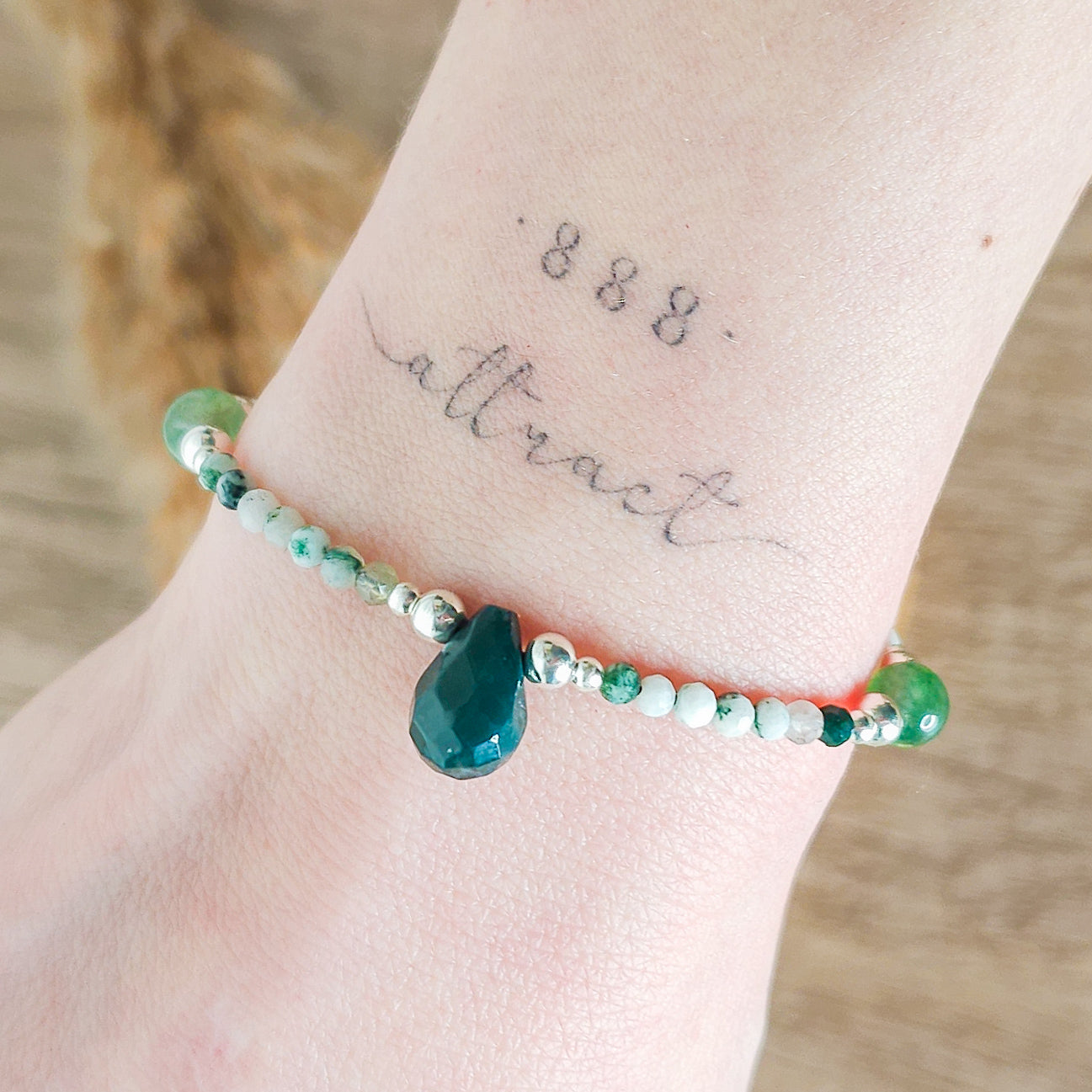 Handmade Bracelet with Moss Agate and 925 Silver Beads