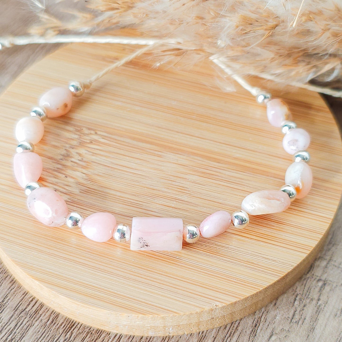 Handmade Bracelet with Pink Opal and 925 Silver Beads