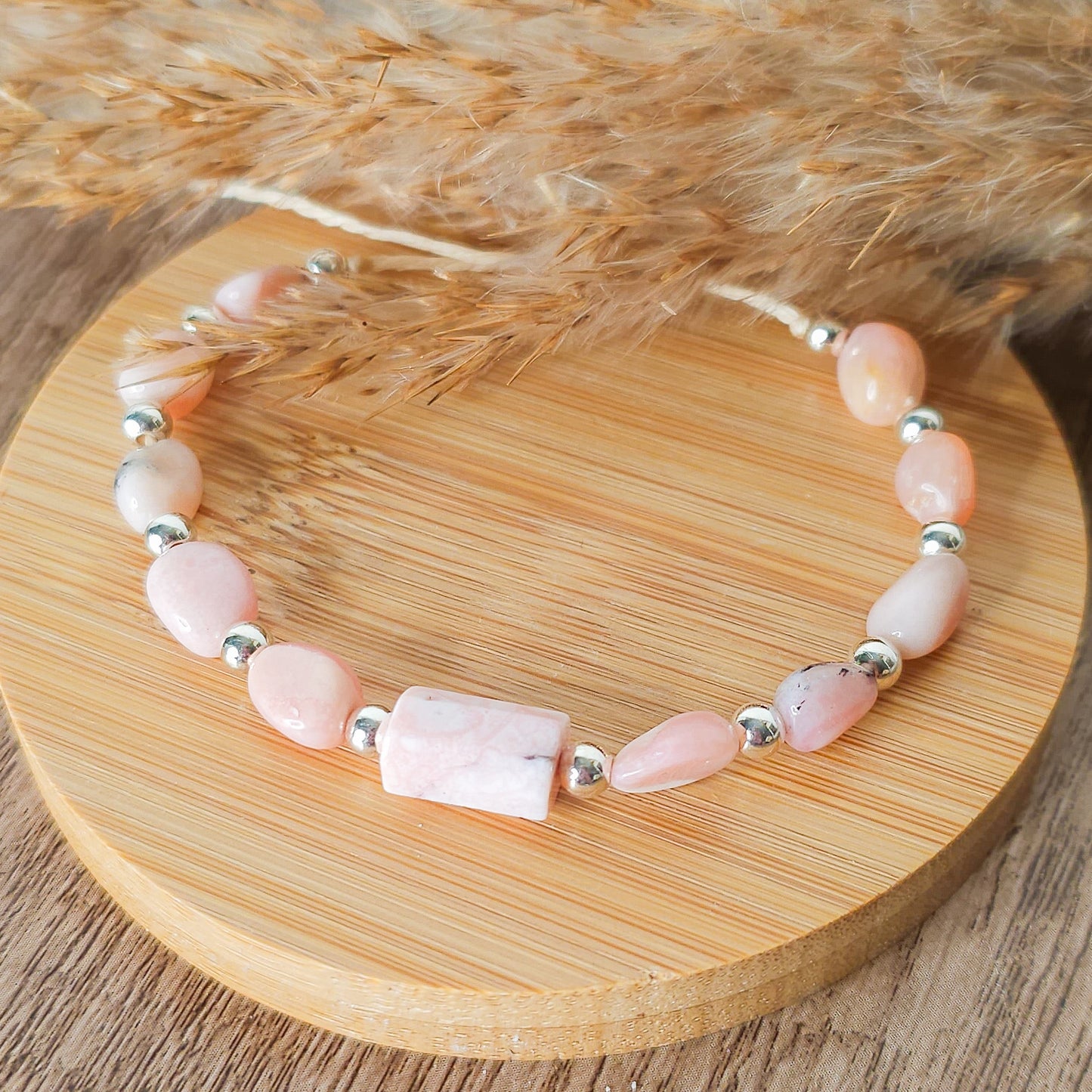 Handmade Bracelet with Pink Opal and 925 Silver Beads
