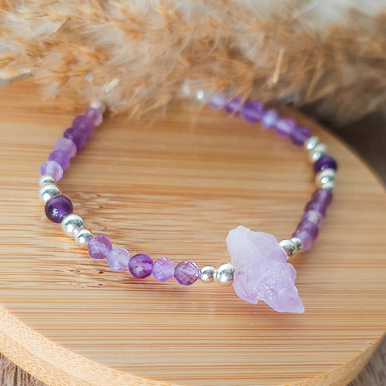 Handmade Bracelet with Raw Amethyst Point, Aura Amethyst and 925 Silver Beads