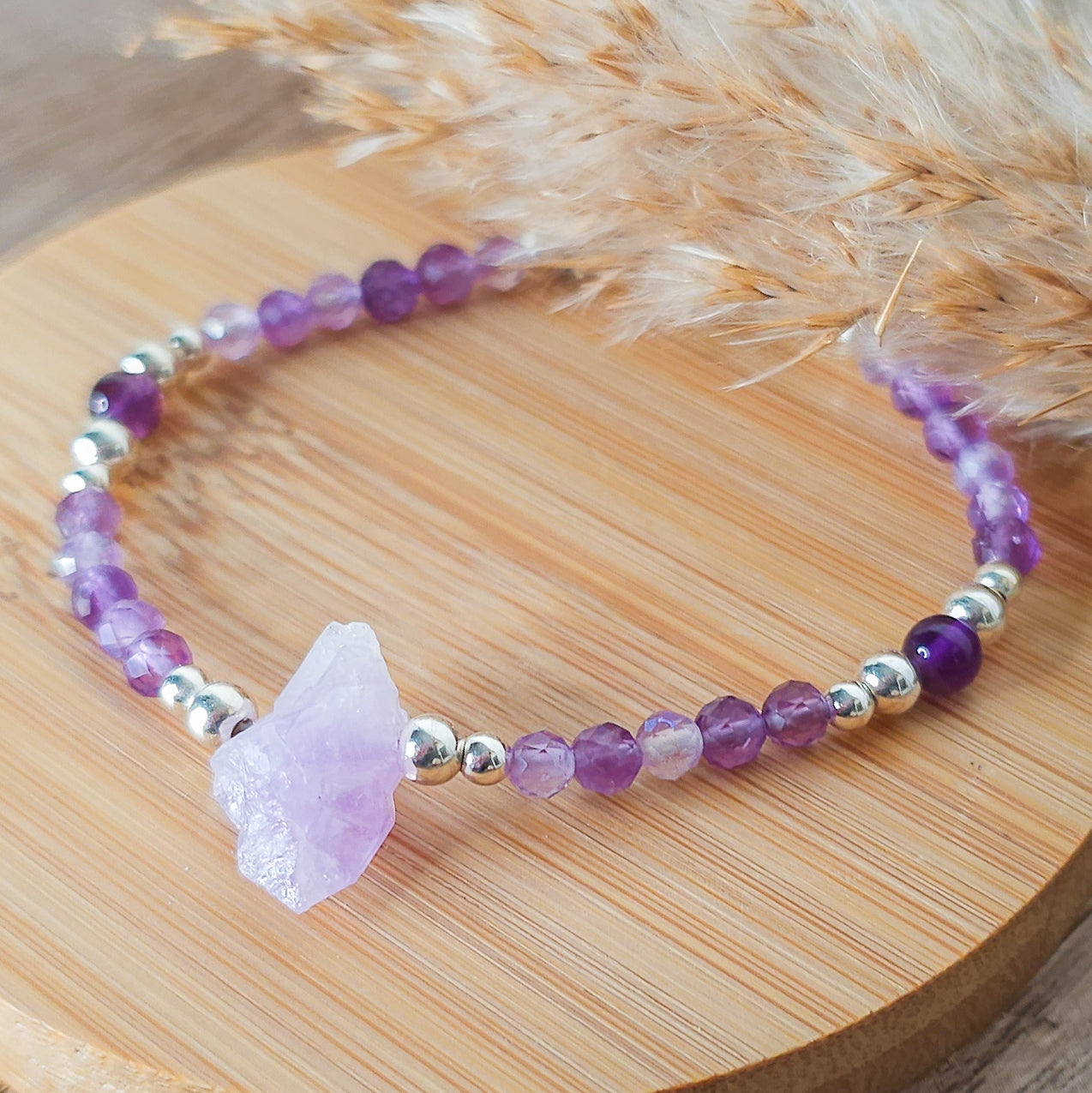 Handmade Bracelet with Raw Amethyst Point, Aura Amethyst and 925 Silver Beads