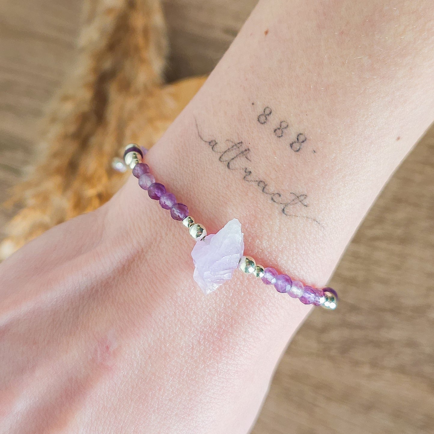 Handmade Bracelet with Raw Amethyst Point, Aura Amethyst and 925 Silver Beads