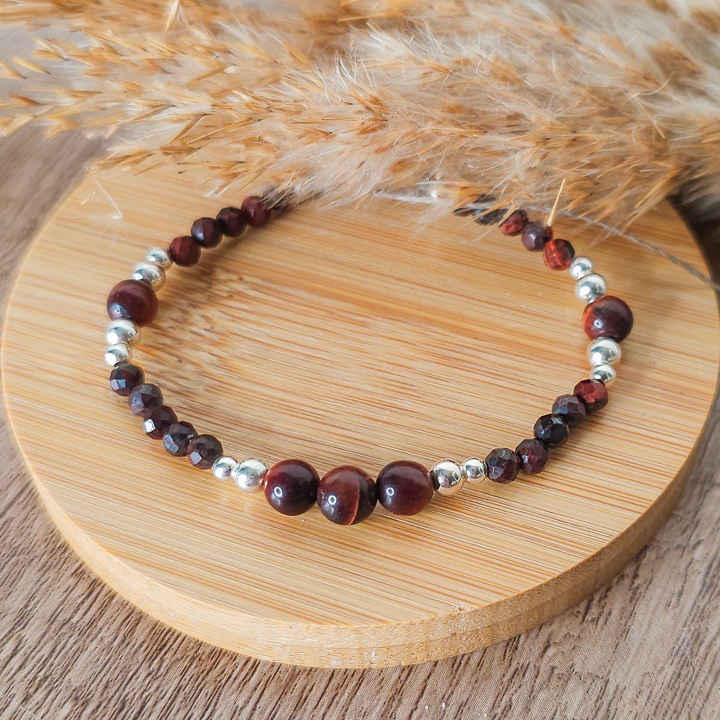 Handmade Bracelet with Red Tiger's Eye and 925 Silver Beads