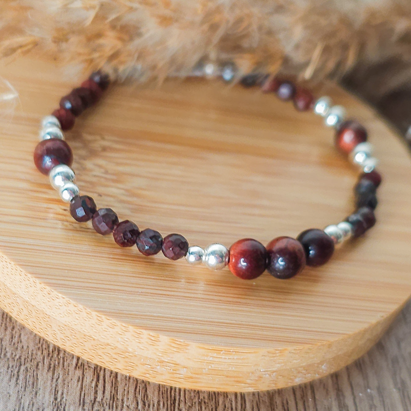Handmade Bracelet with Red Tiger's Eye and 925 Silver Beads