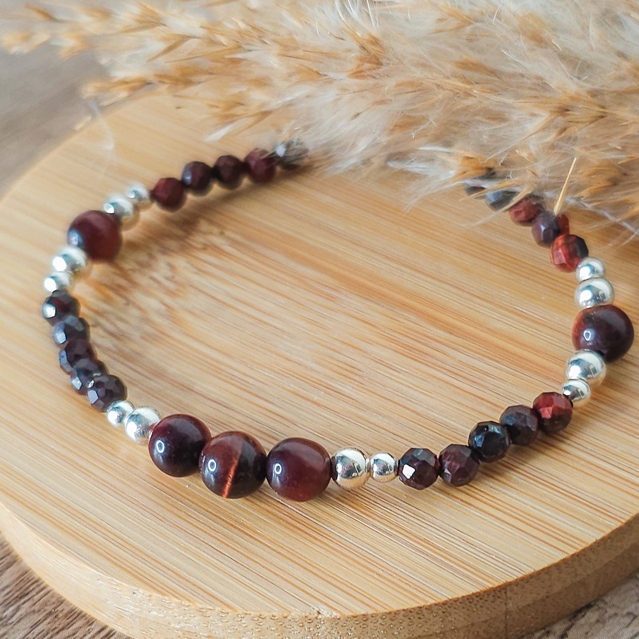 Handmade Bracelet with Red Tiger's Eye and 925 Silver Beads