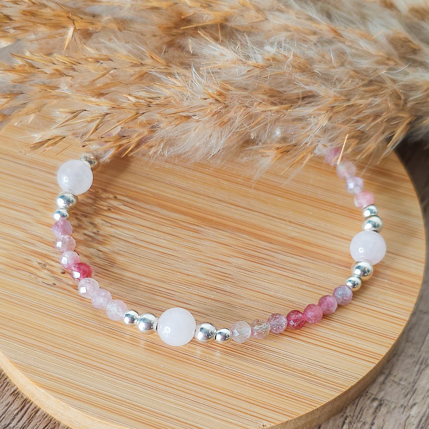 Handmade Bracelet with Rose Quartz, Pink Tourmaline and 925 Silver Beads