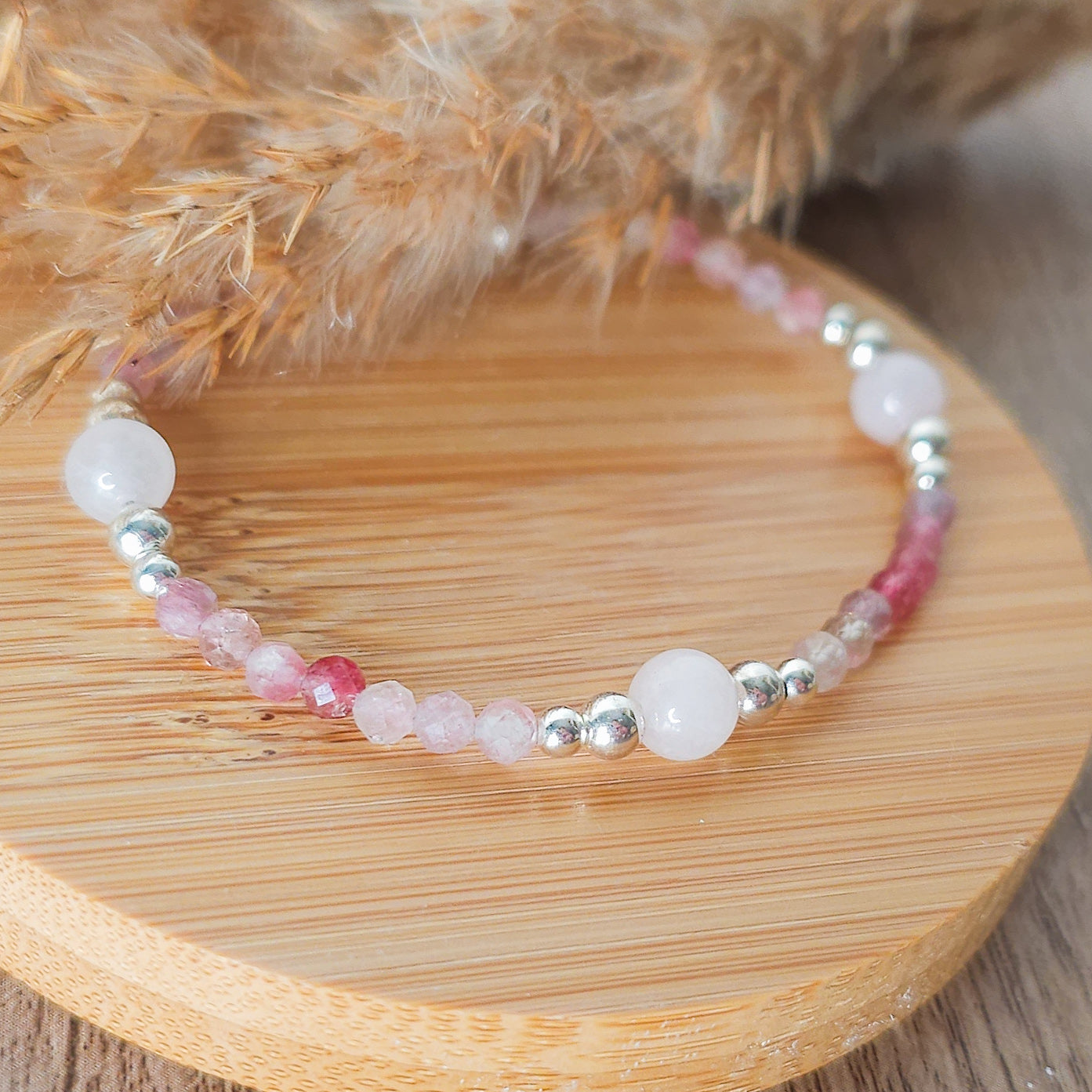 Handmade Bracelet with Rose Quartz, Pink Tourmaline and 925 Silver Beads