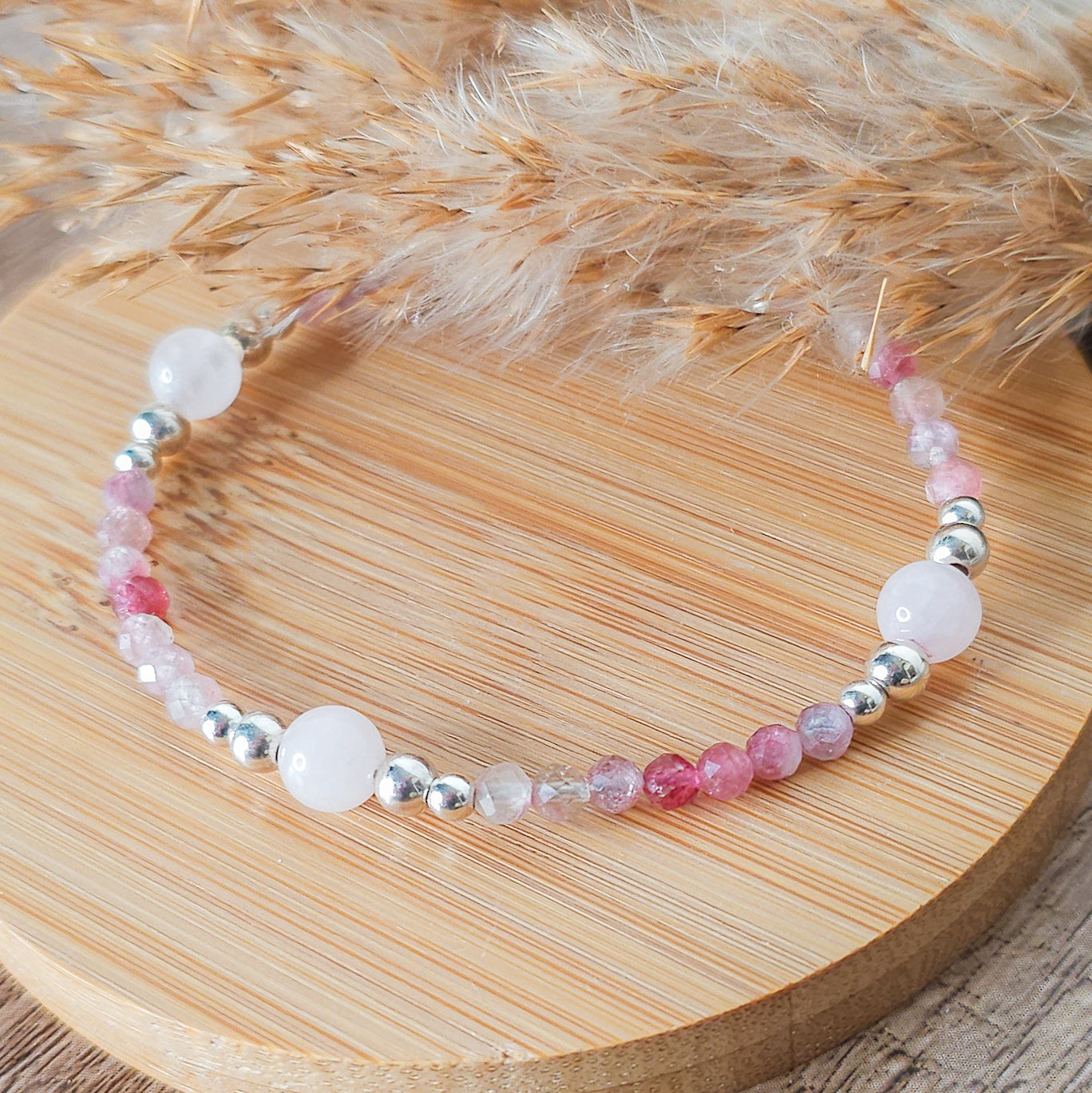 Handmade Bracelet with Rose Quartz, Pink Tourmaline and 925 Silver Beads