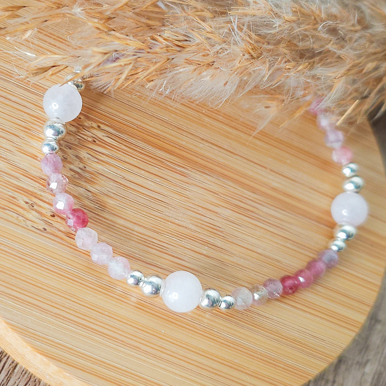 Handmade Bracelet with Rose Quartz, Pink Tourmaline and 925 Silver Beads