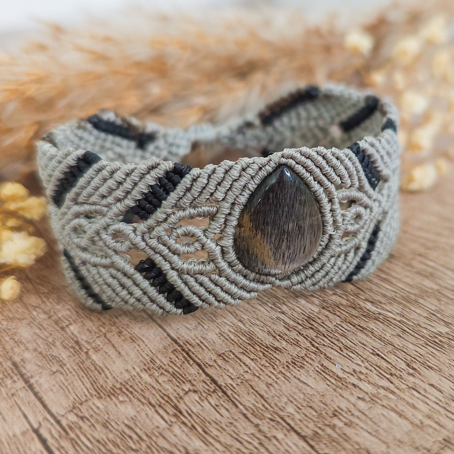 Handmade Macrame Bracelet with Black Moonstone with Silver Flash