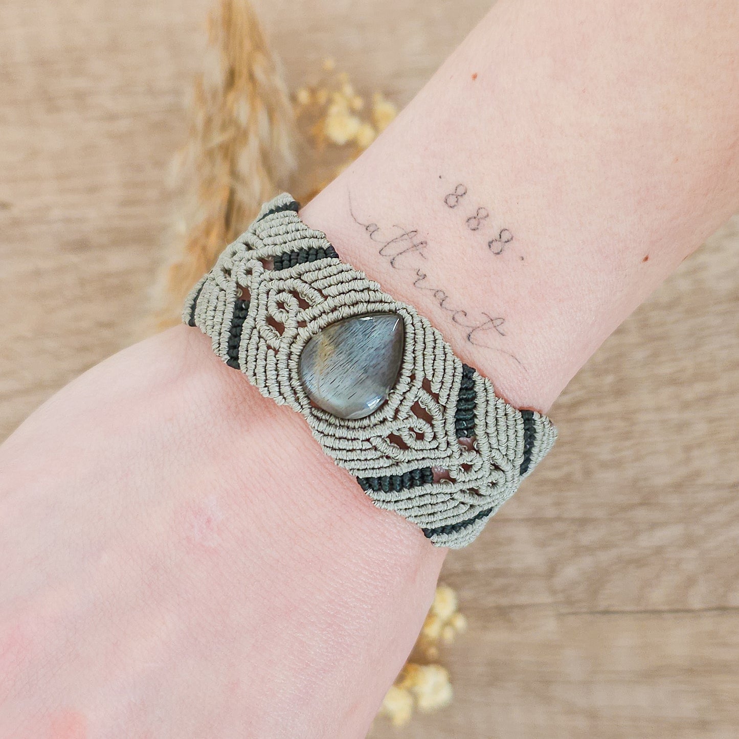 Handmade Macrame Bracelet with Black Moonstone with Silver Flash