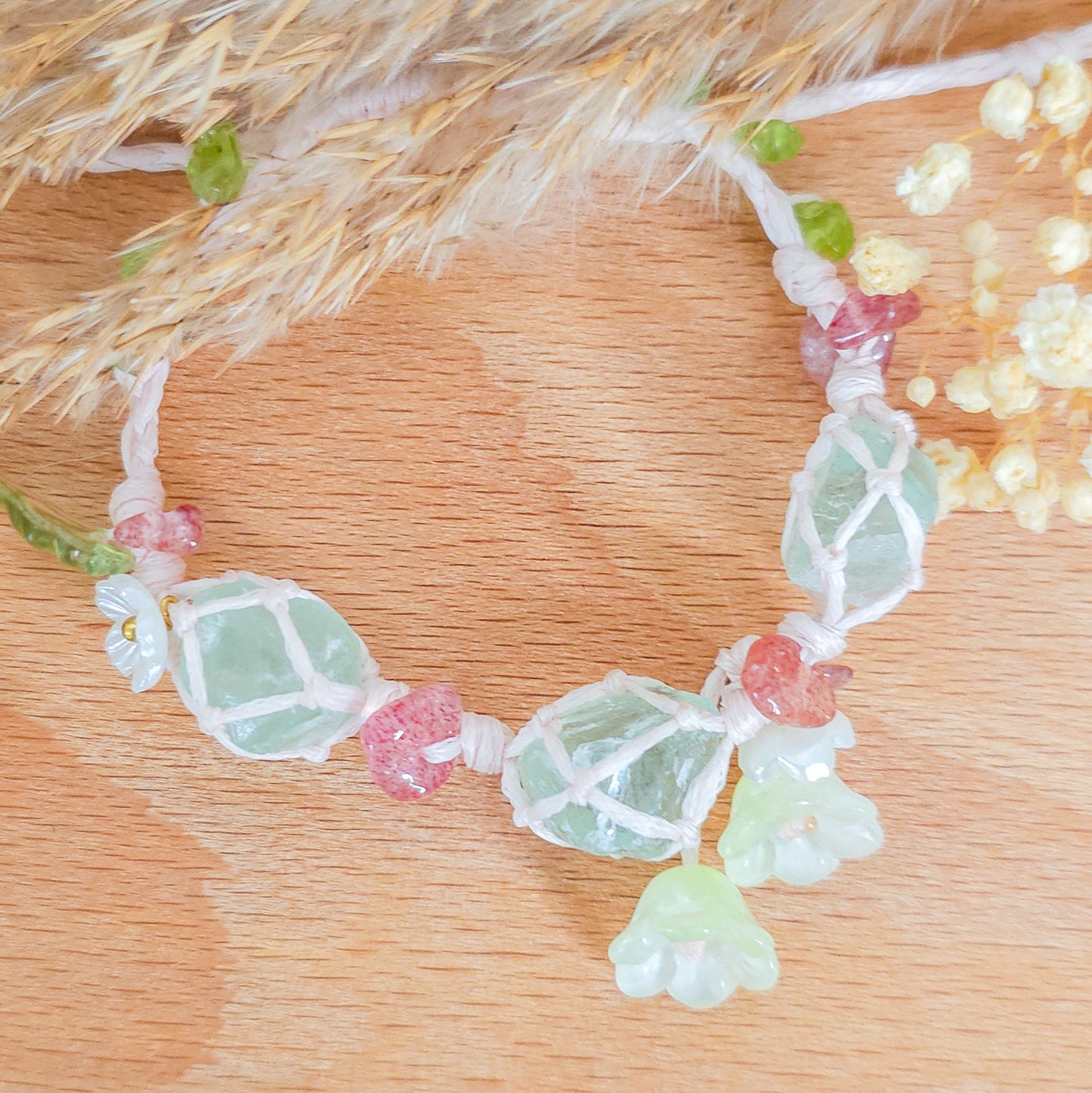 Handmade Fairy Bracelet with Green Fluorite Raw Stones and Strawberry Quartz Beads