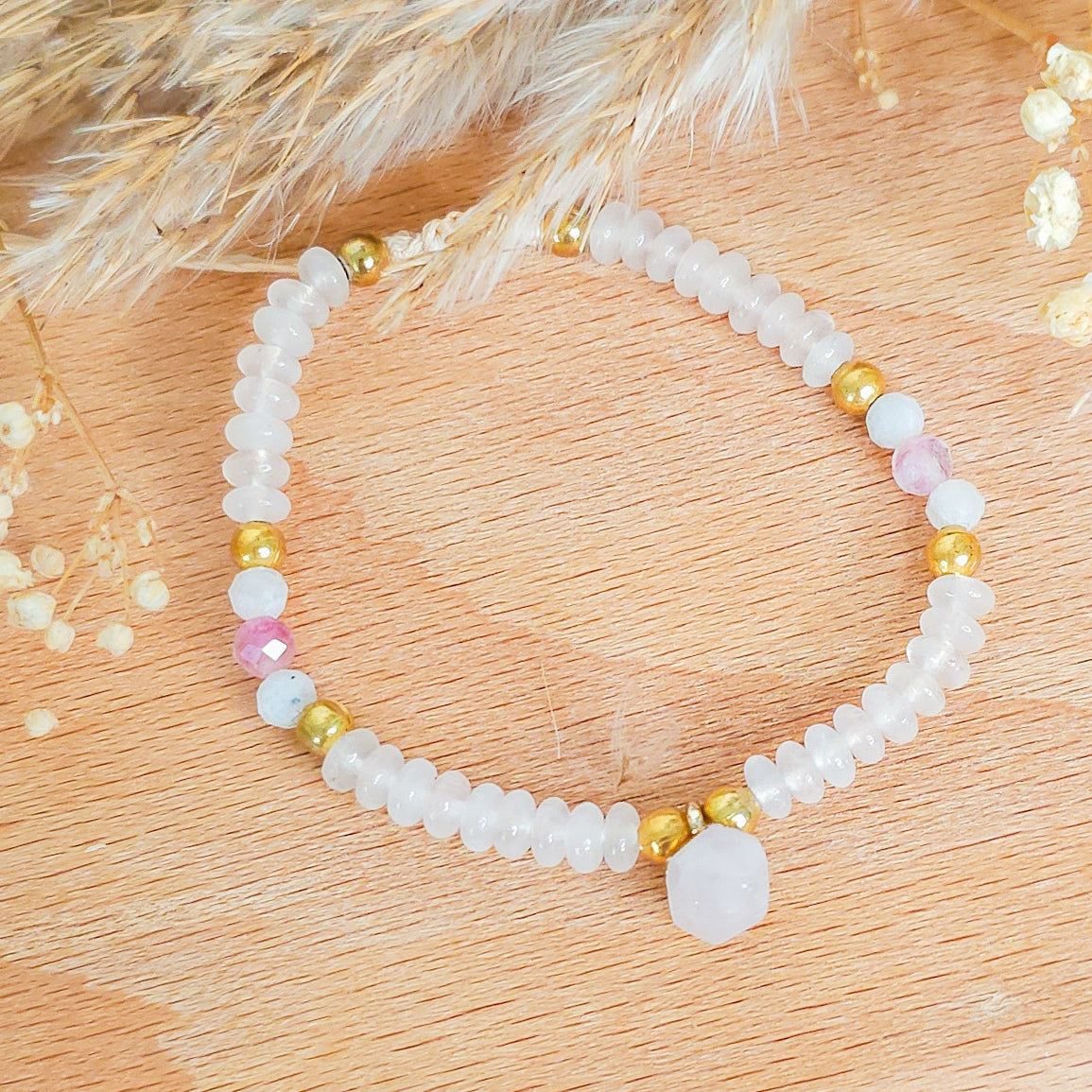 Handmade Bracelet with Rose Quartz, Pink Tourmaline and Moonstone