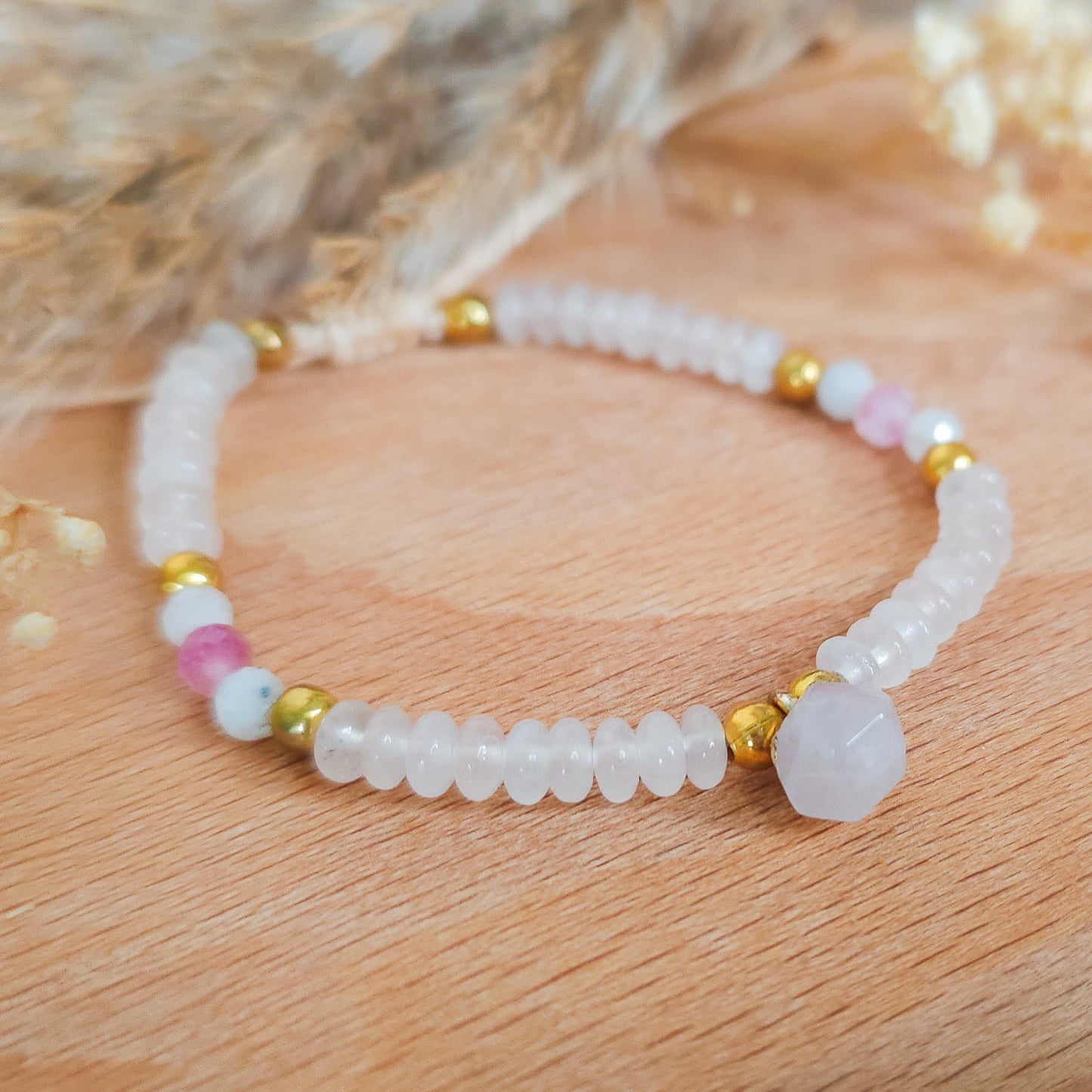 Handmade Bracelet with Rose Quartz, Pink Tourmaline and Moonstone