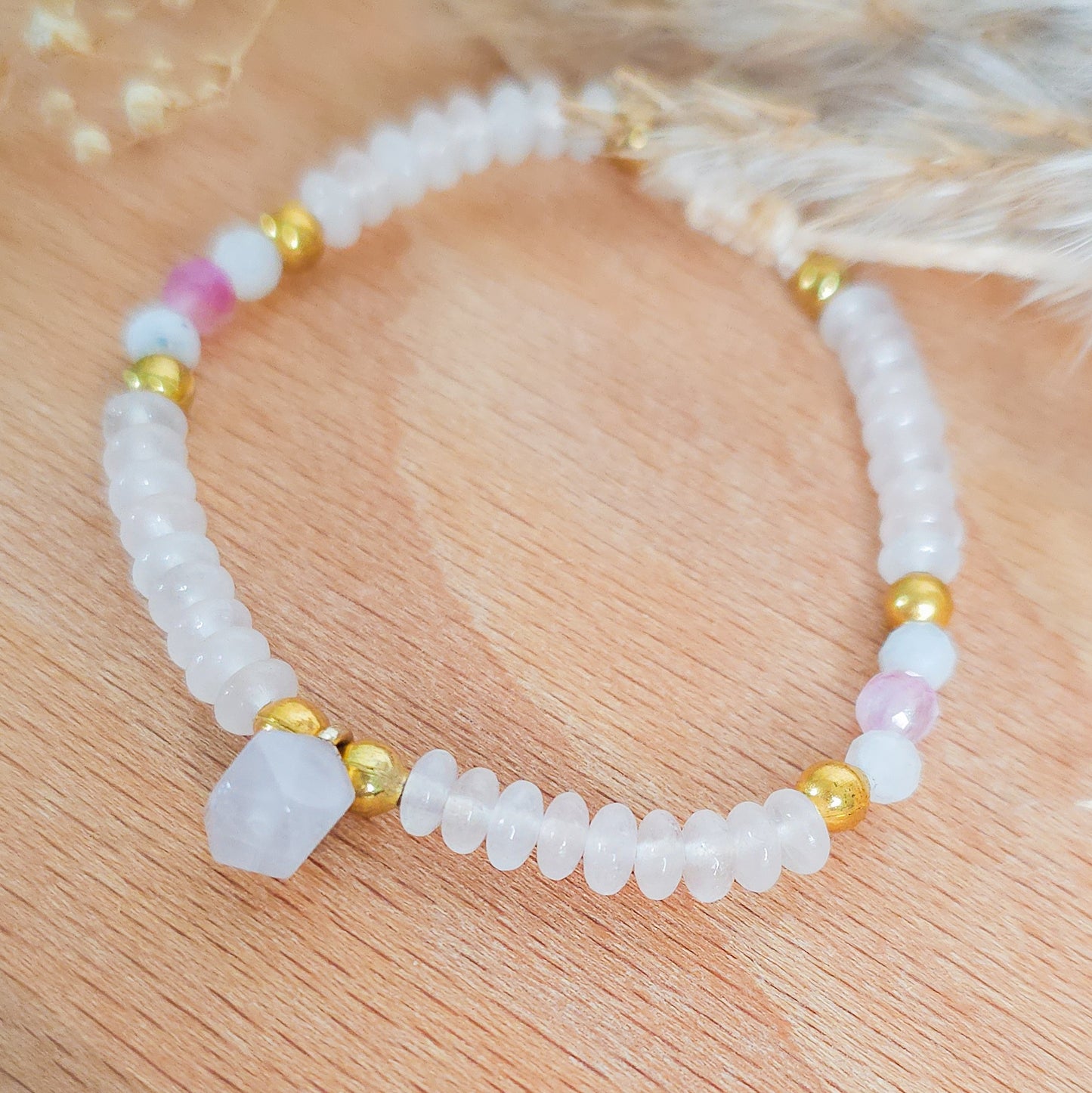 Handmade Bracelet with Rose Quartz, Pink Tourmaline and Moonstone