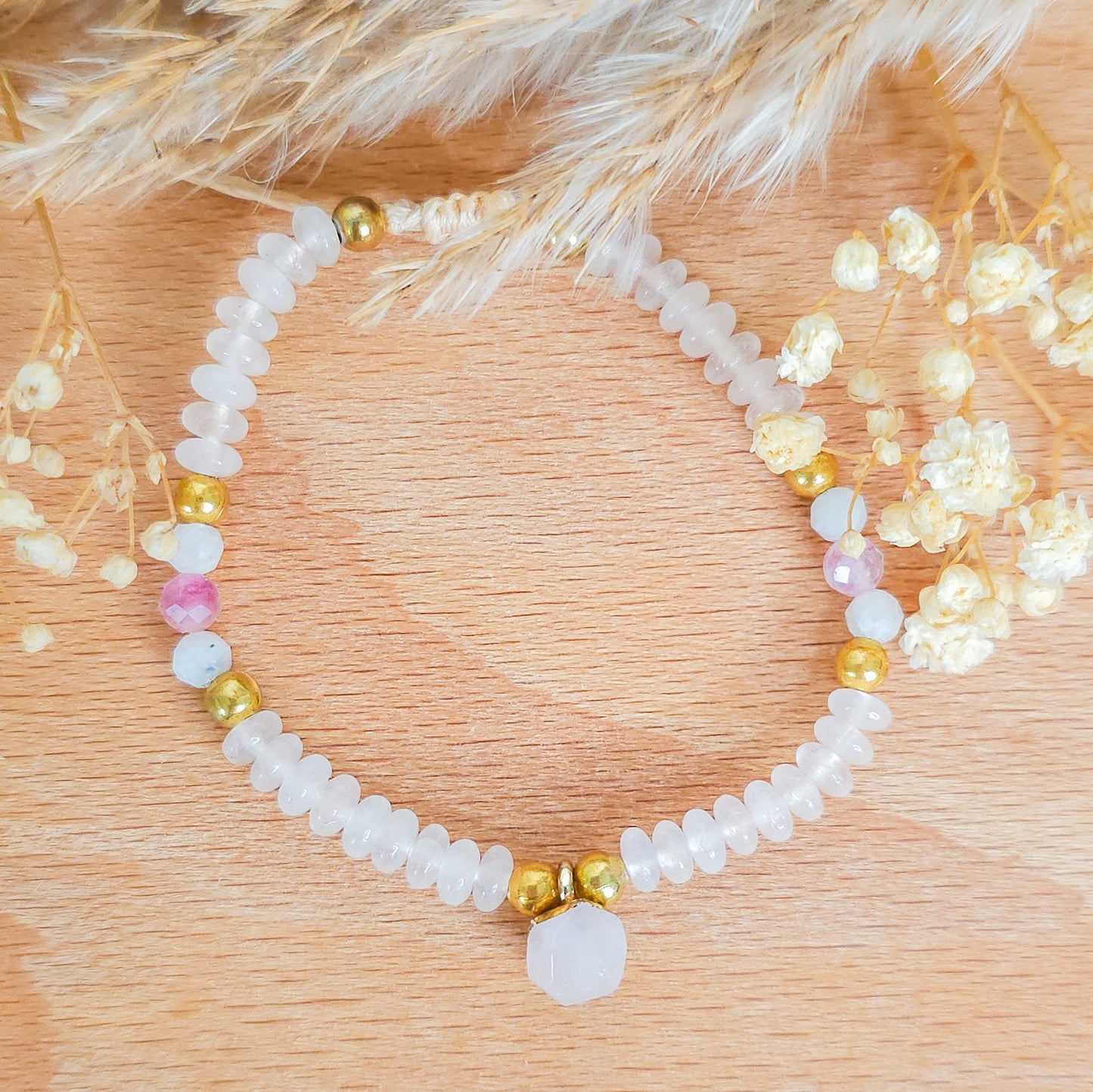 Handmade Bracelet with Rose Quartz, Pink Tourmaline and Moonstone