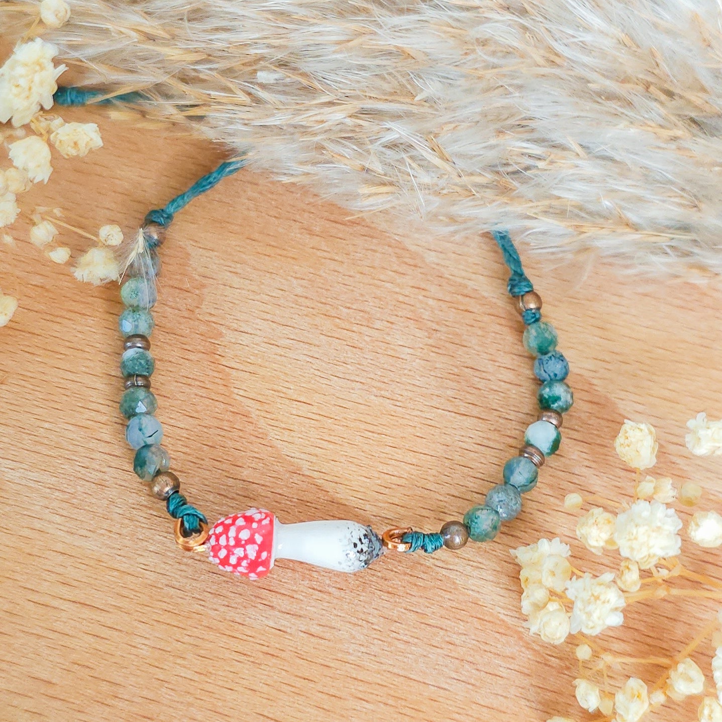 Handmade Bracelet with Moss Agate Beads and Amanita Muscaria Mushroom Pendant