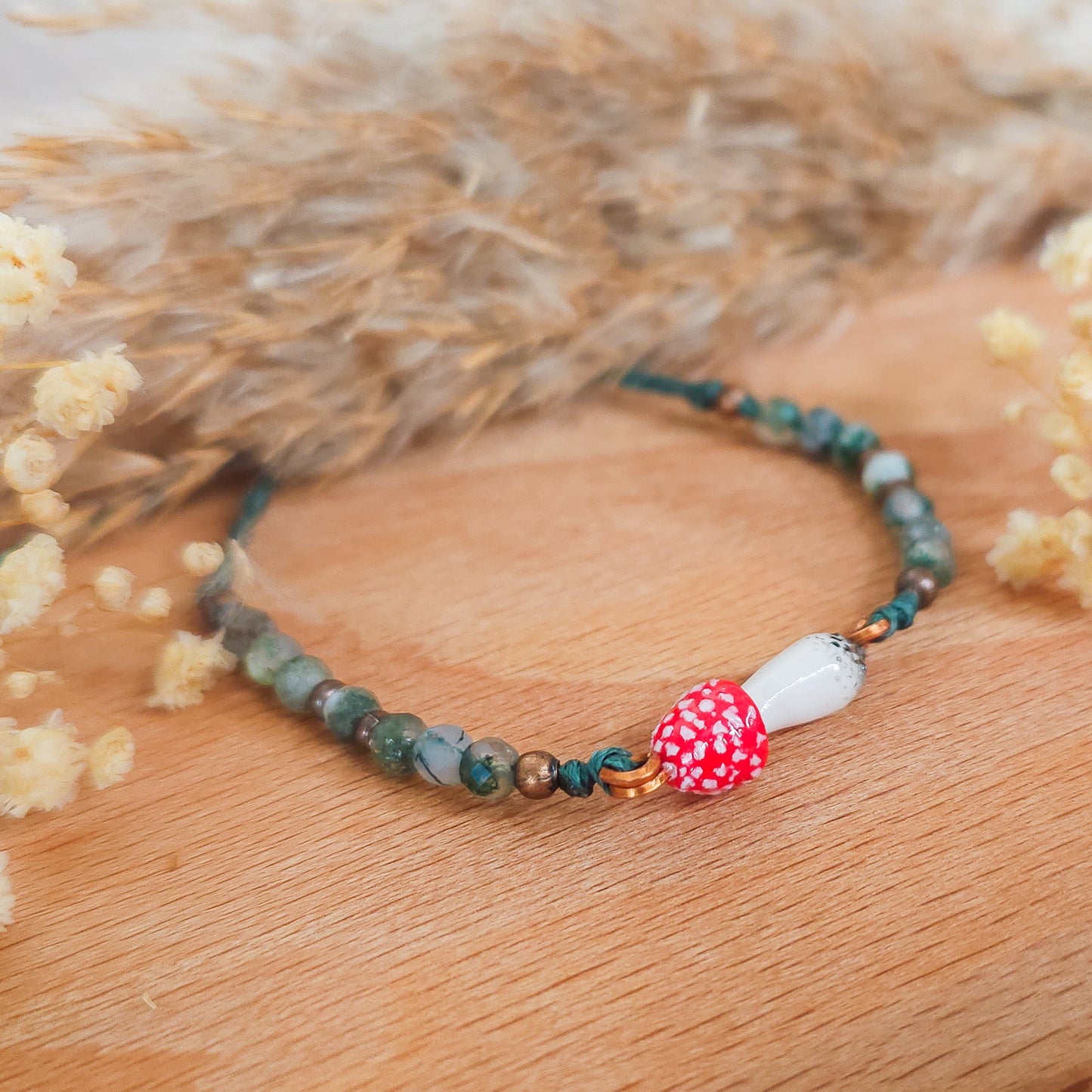 Handmade Bracelet with Moss Agate Beads and Amanita Muscaria Mushroom Pendant