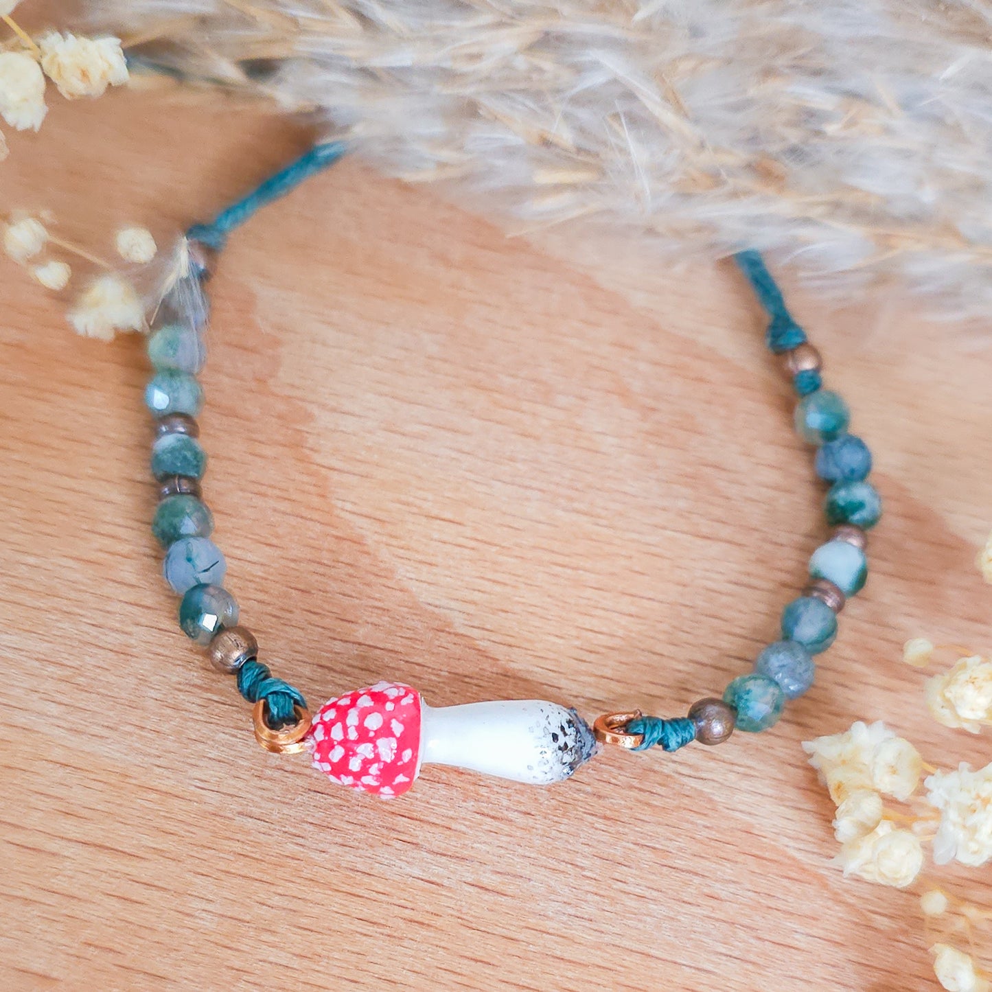 Handmade Bracelet with Moss Agate Beads and Amanita Muscaria Mushroom Pendant