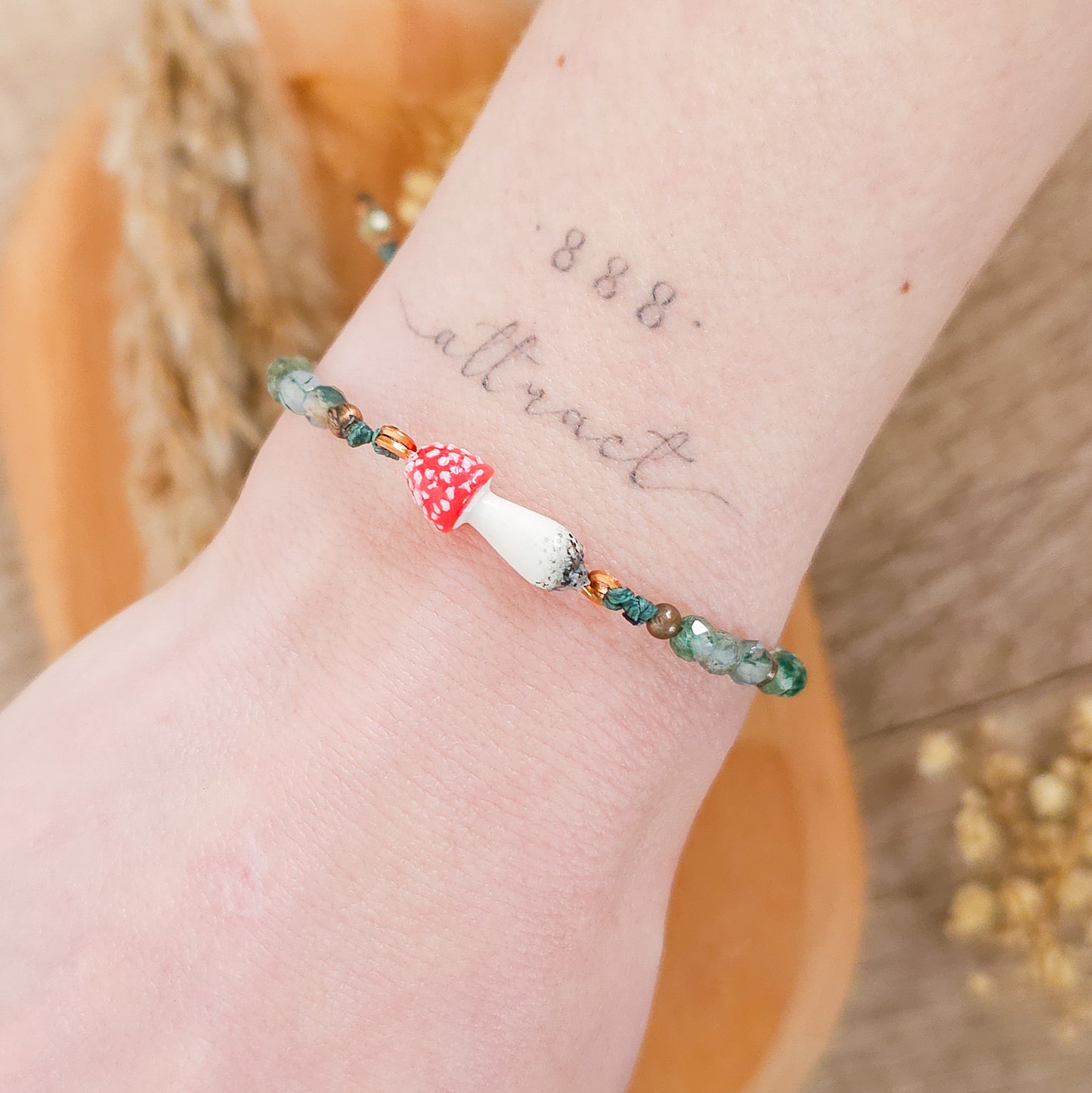 Handmade Bracelet with Moss Agate Beads and Amanita Muscaria Mushroom Pendant