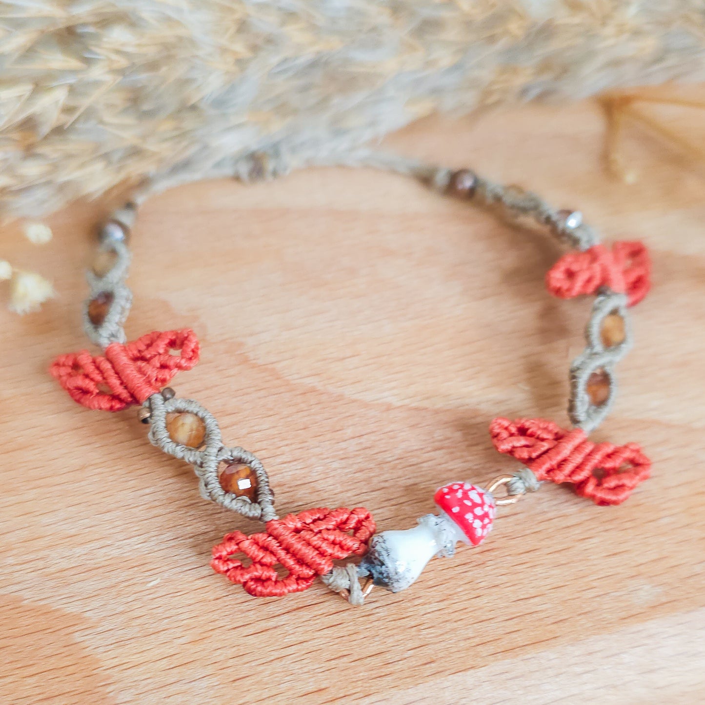 Handmade Bracelet with Orange Garnet - Spessartite and Amanita Muscaria Mushroom Pendant