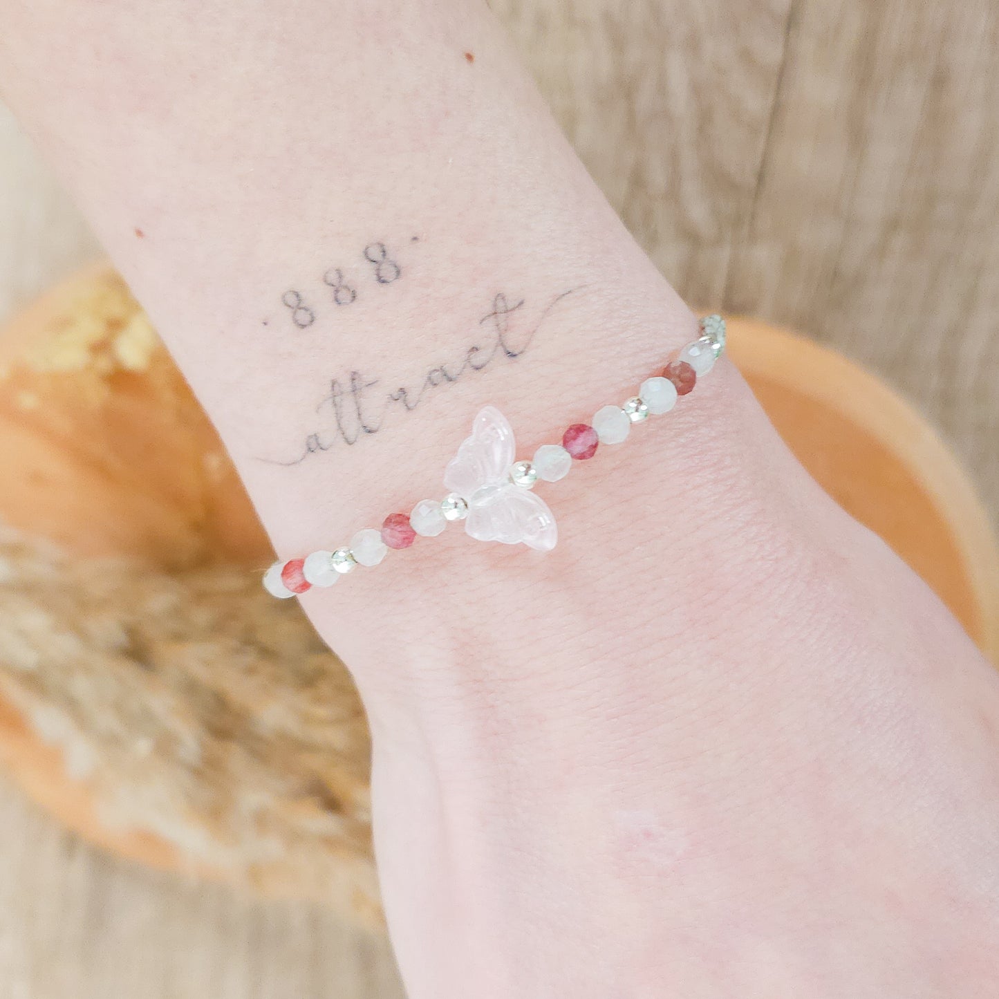 Handmade Bracelet with Rose Quartz and Pink Tourmaline beads and Glass Butterfly.