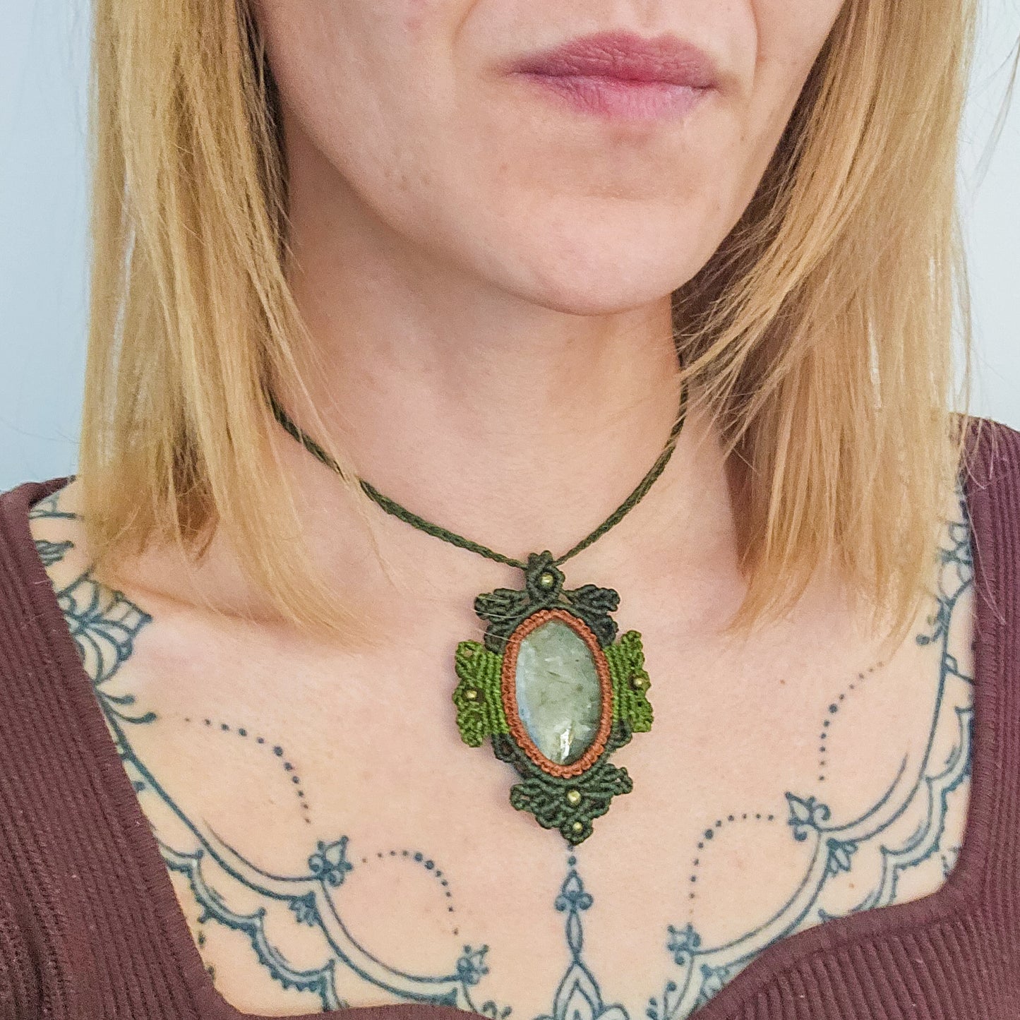 Handmade Micromacrame Amulet Necklace with Prehnite with Epidote Inclusions