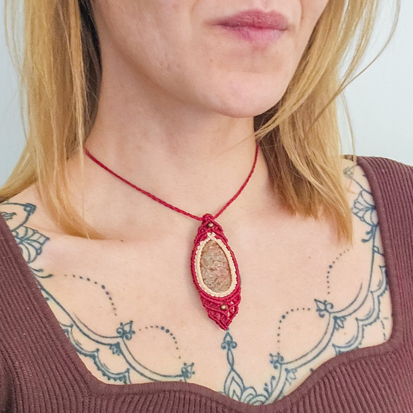 Handmade Micromacrame Amulet Necklace with Leopardskin Jasper