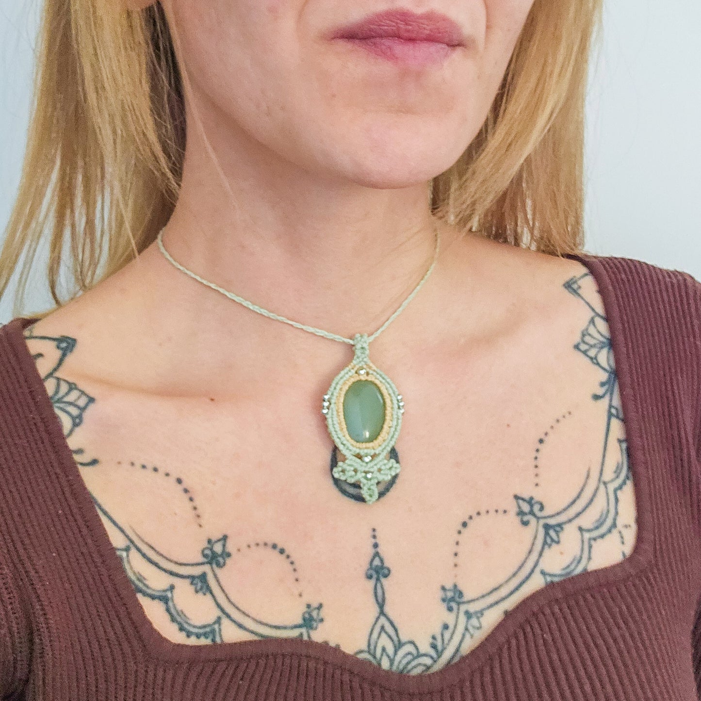 Handmade Micromacrame Amulet Necklace with Green Aventurine