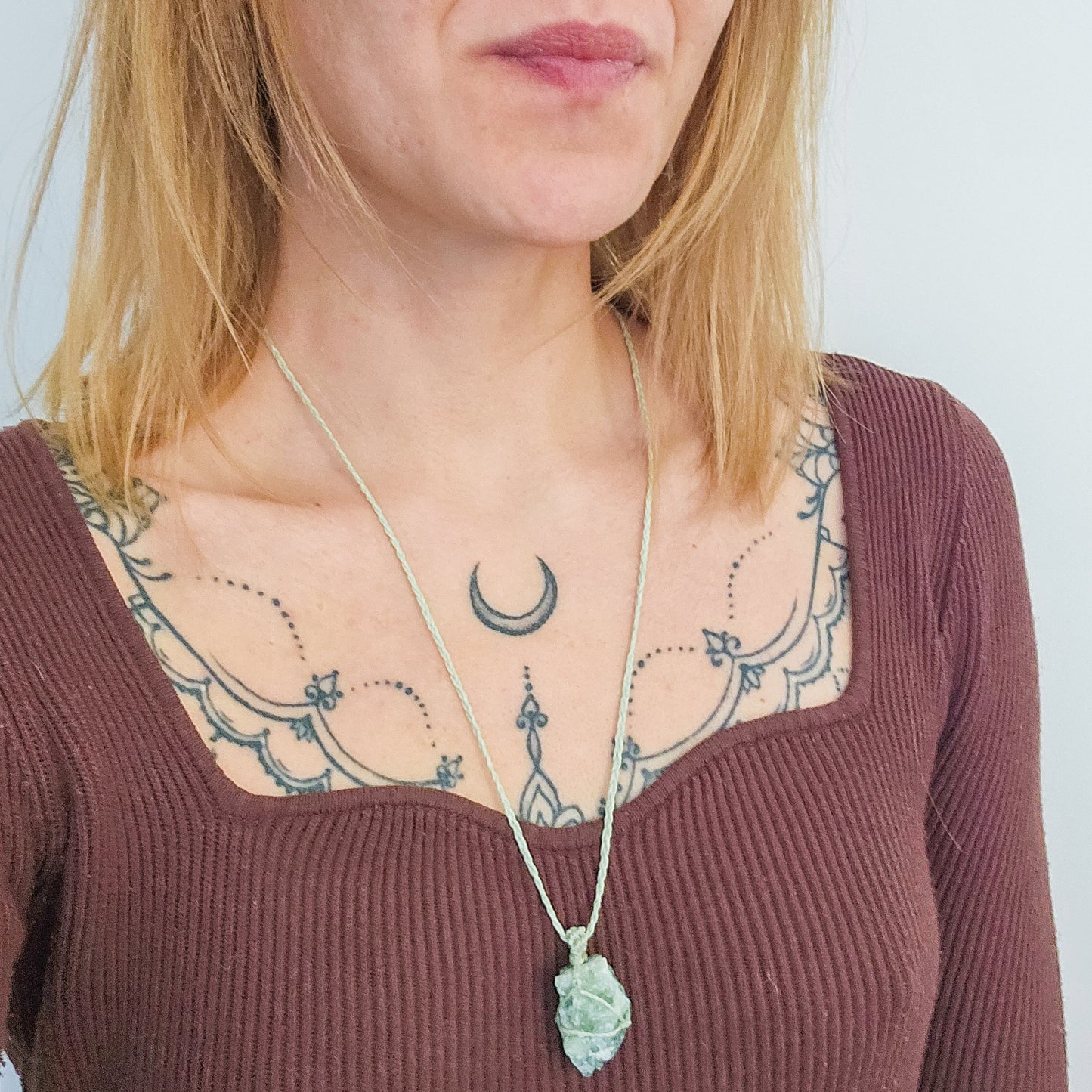Handmade Necklace With Raw Prehnite Cluster