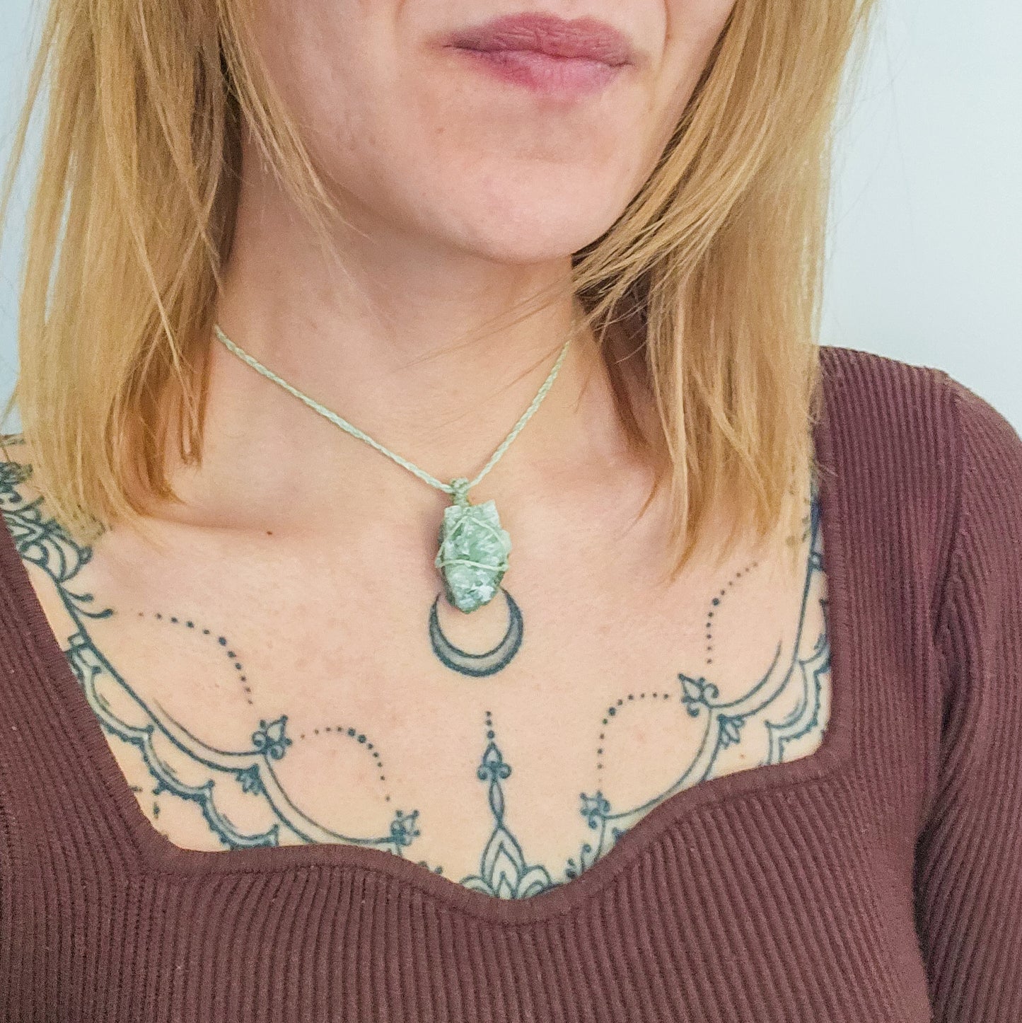 Handmade Necklace With Raw Prehnite Cluster