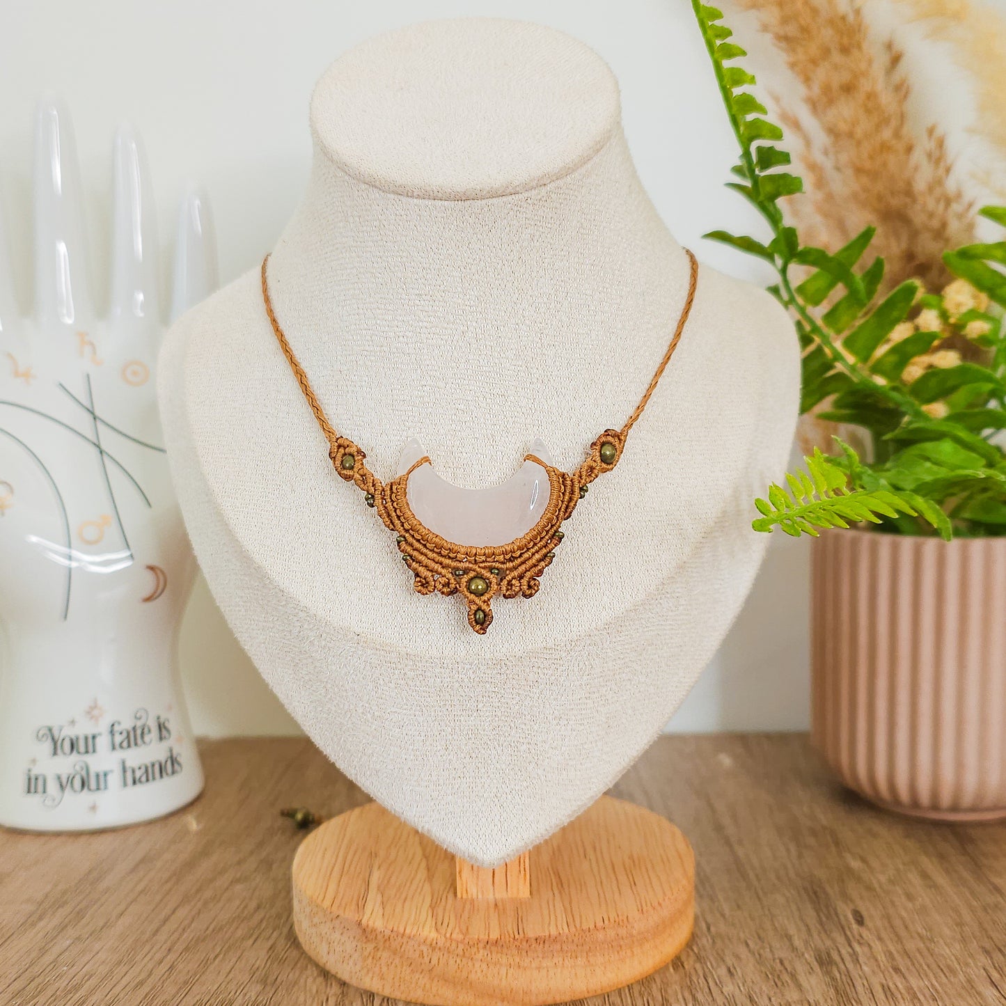 Handmade Rose Quartz Moon Necklace