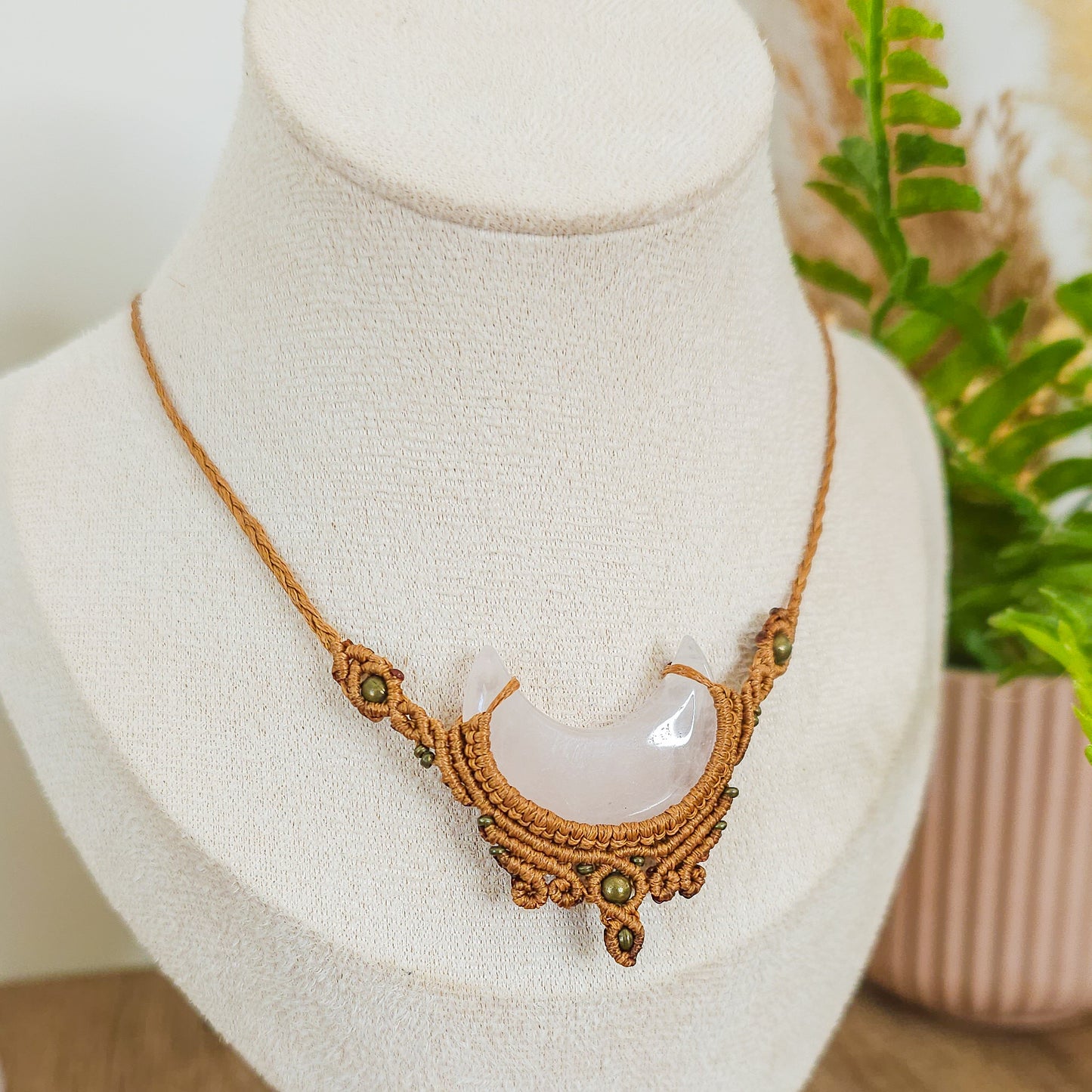 Handmade Rose Quartz Moon Necklace