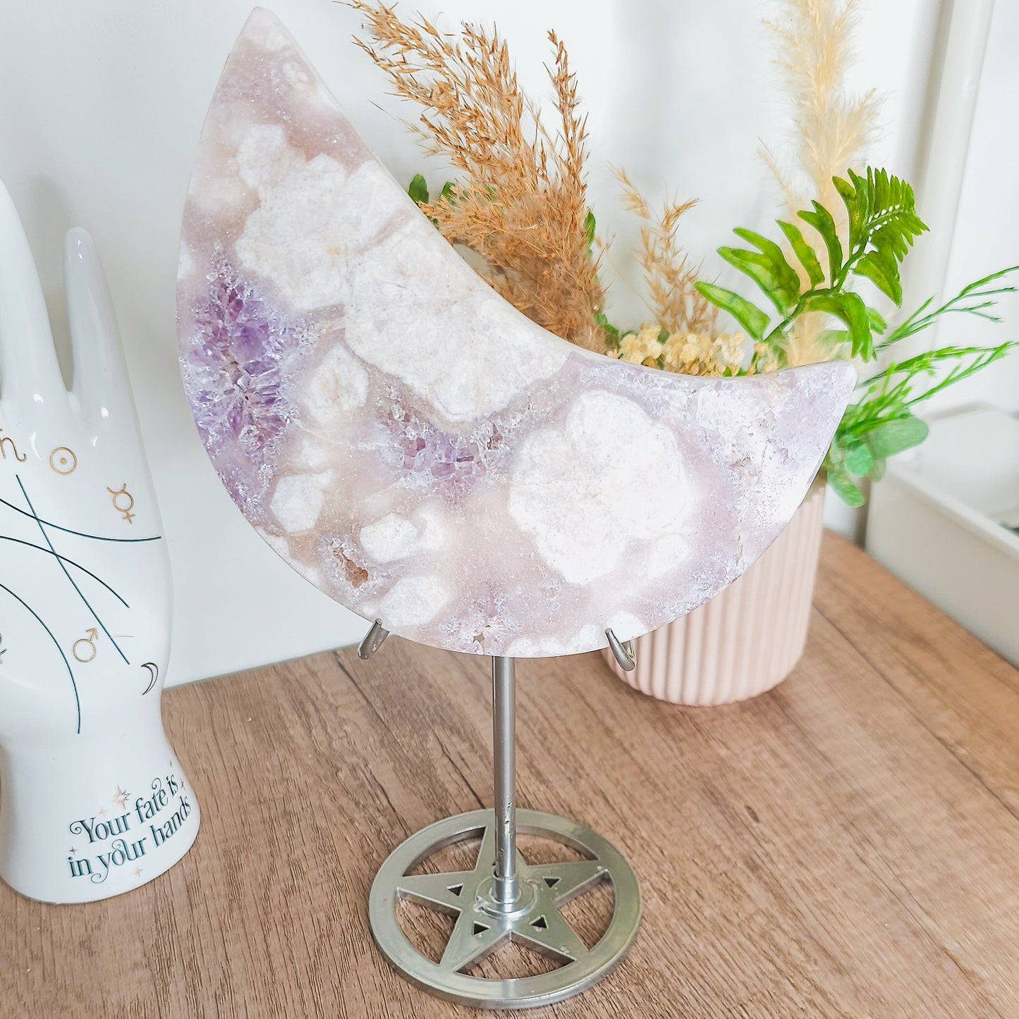 Statement Flower Agate with Pink and Lavender Amethyst and Quartz on the stand