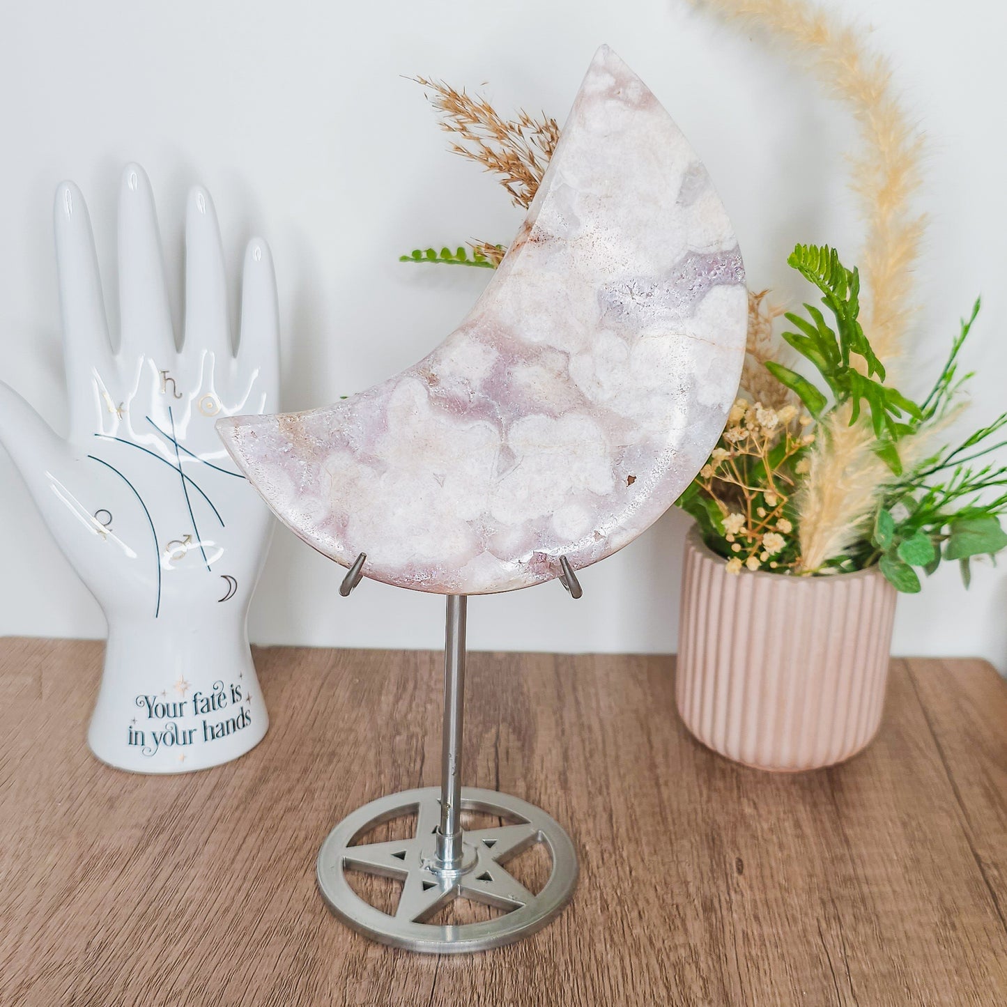 Statement Flower Agate with Pink and Lavender Amethyst and Quartz on the stand