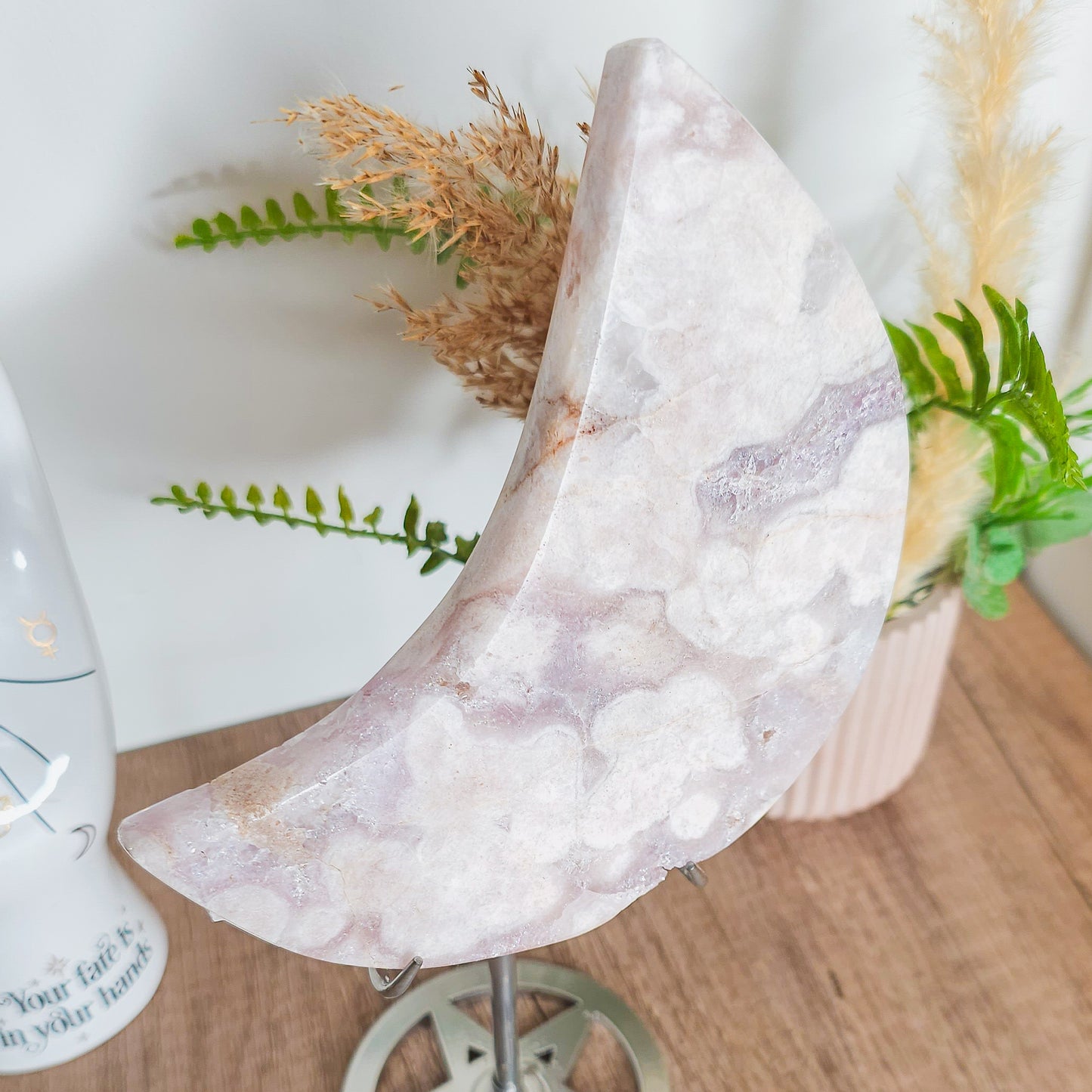 Statement Flower Agate with Pink and Lavender Amethyst and Quartz on the stand