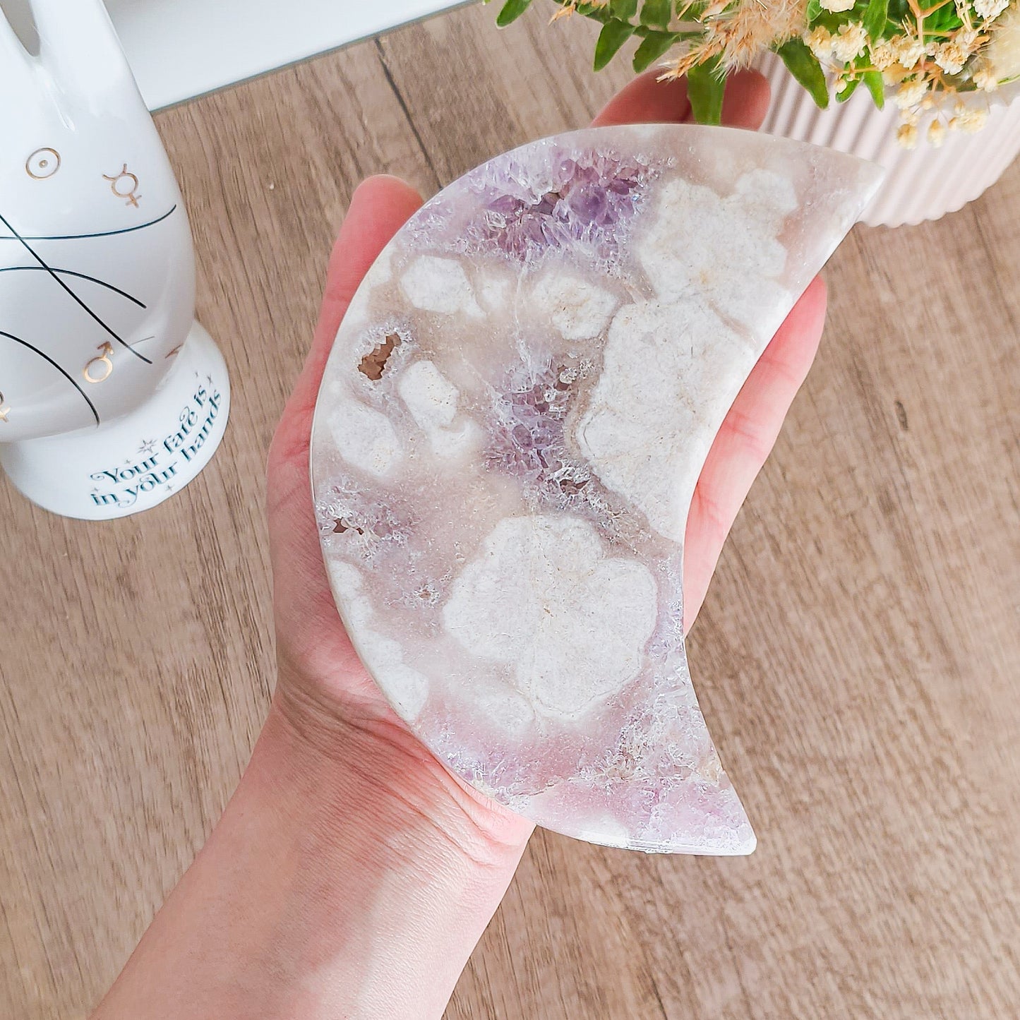 Statement Flower Agate with Pink and Lavender Amethyst and Quartz on the stand