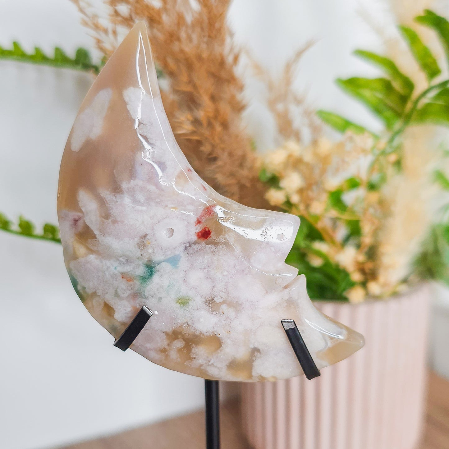 Flower Agate Moon Face on the stand