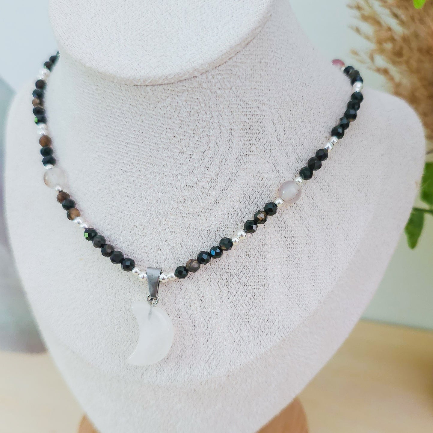 Lunar Whisper – Clear Quartz, Black Onyx & Dendritic Agate Necklace with 925 Silver Beads | Handmade Under the Scorpio Full Moon
