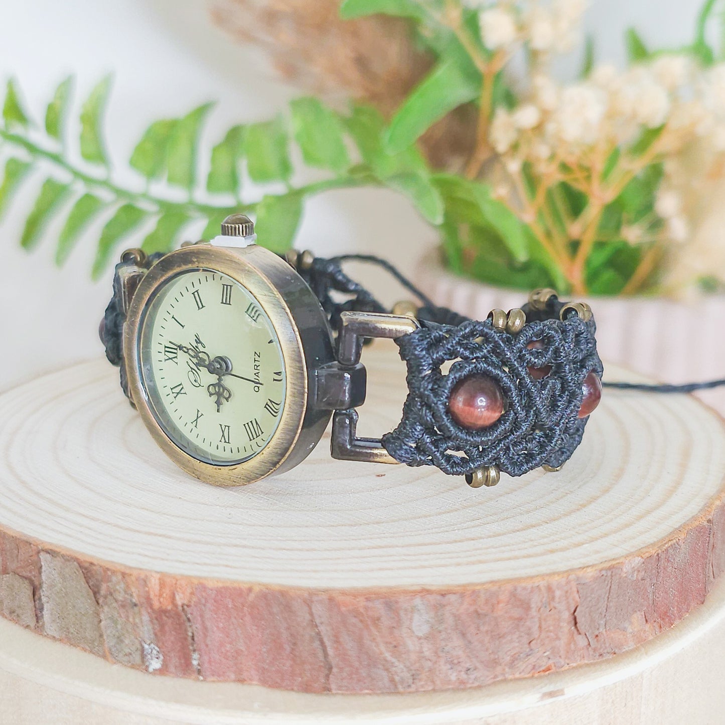 Handmade micromacrame watch with black string and red Tiger’s Eye beads, spiritual jewelry for grounding and energy balance