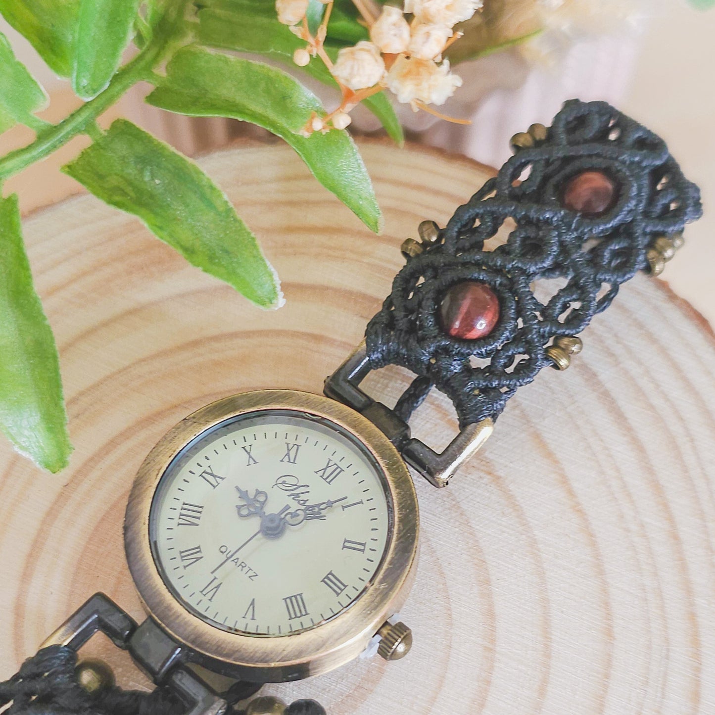 Handmade micromacrame watch with black string and red Tiger’s Eye beads, spiritual jewelry for grounding and energy balance