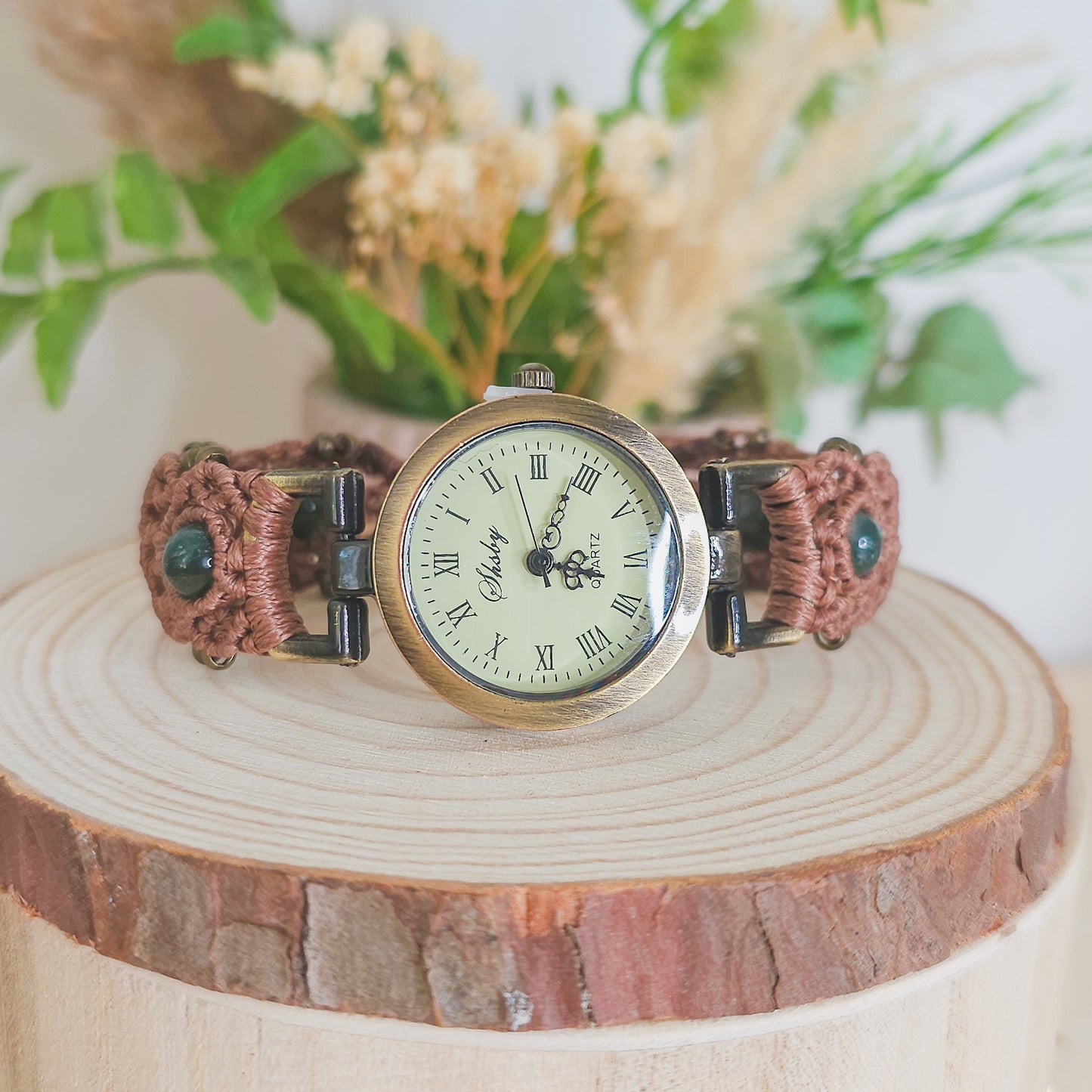 Handmade micromacrame watch with brown string and Moss Agate beads, spiritual jewelry for grounding and renewal