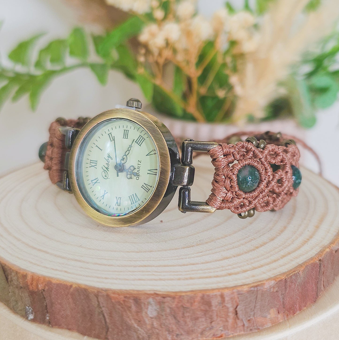 Handmade micromacrame watch with brown string and Moss Agate beads, spiritual jewelry for grounding and renewal