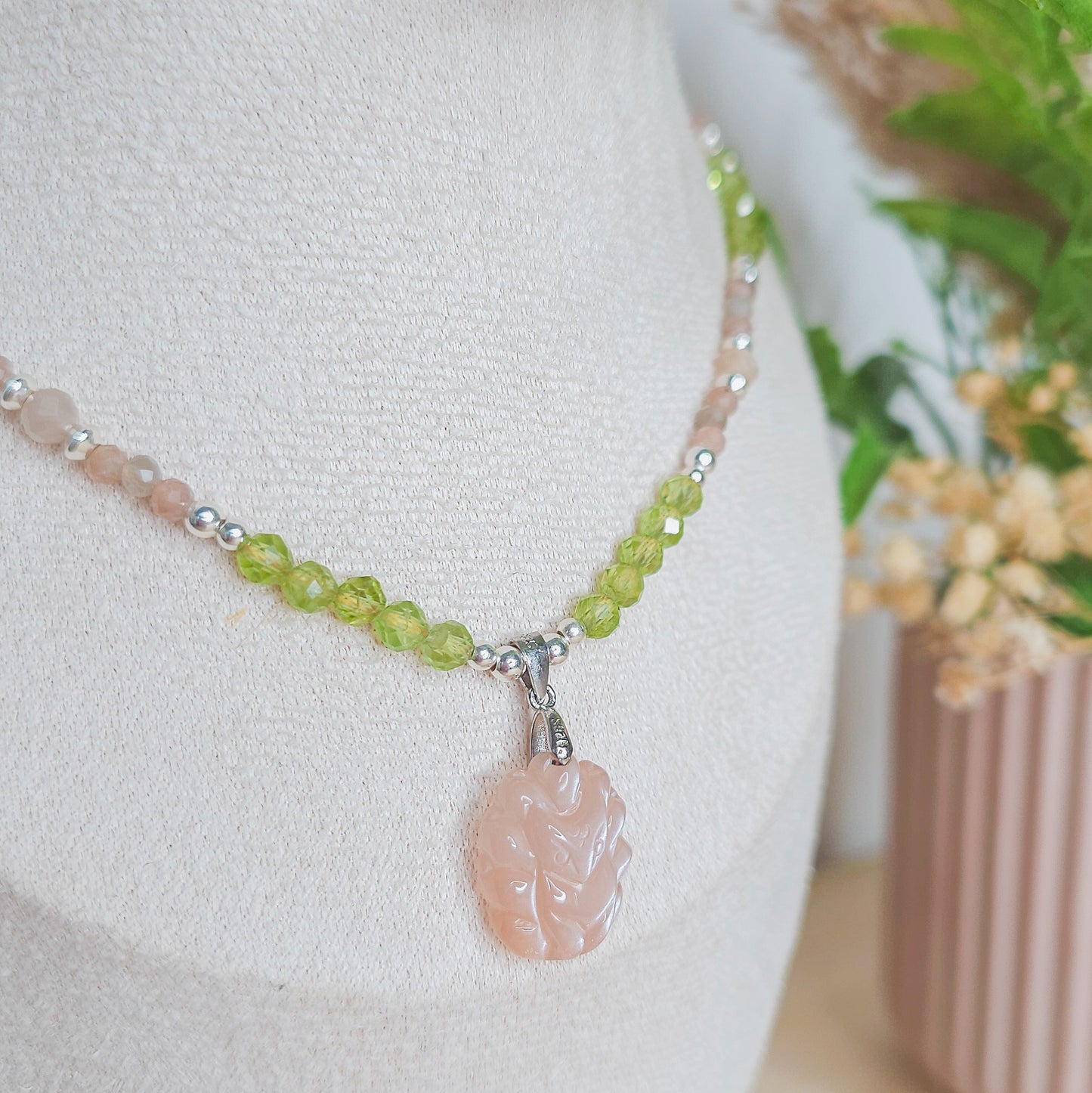 Whispers of the Fox | Handmade Necklace with Peach Moonstone Nine-Tailed Fox, Peridot, Moonstone and 925 Silver Beads
