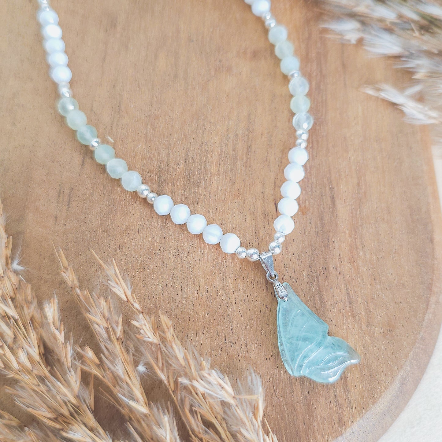 Whispers of the Fae | Handmade Necklace with Aquamarine fairy wing, Prasiolite, White Shell and 925 Silver Beads